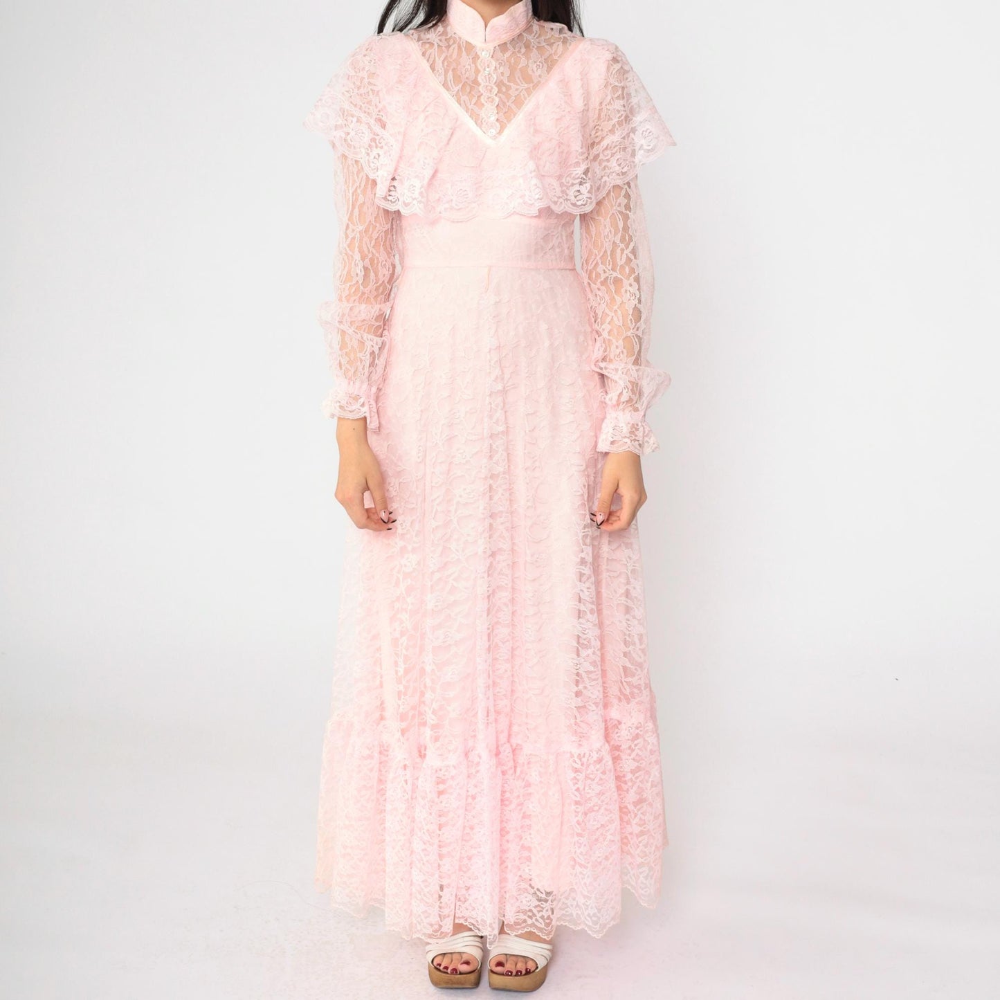70s Pink Lace Maxi Gown High Neck Sheer Yoke Capelet Tiered Skirt Extra Small