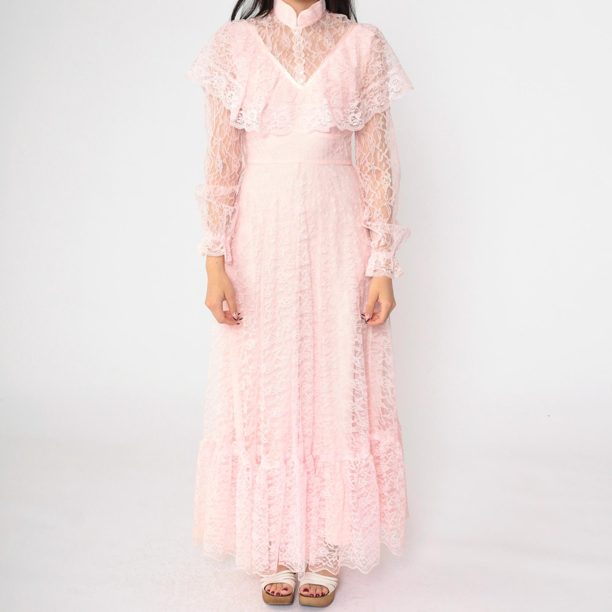 70s Pink Lace Maxi Gown High Neck Sheer Yoke Capelet Tiered Skirt Extra Small