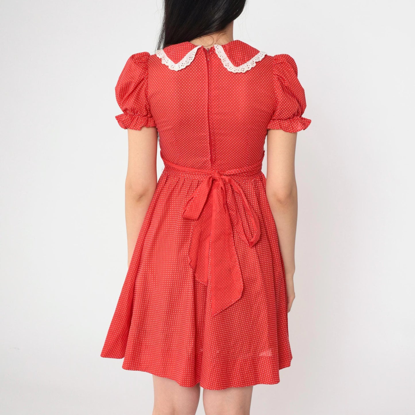 1970s Red Polka Dot Mini Dress Peter Pan Collar Puff Sleeve XXS