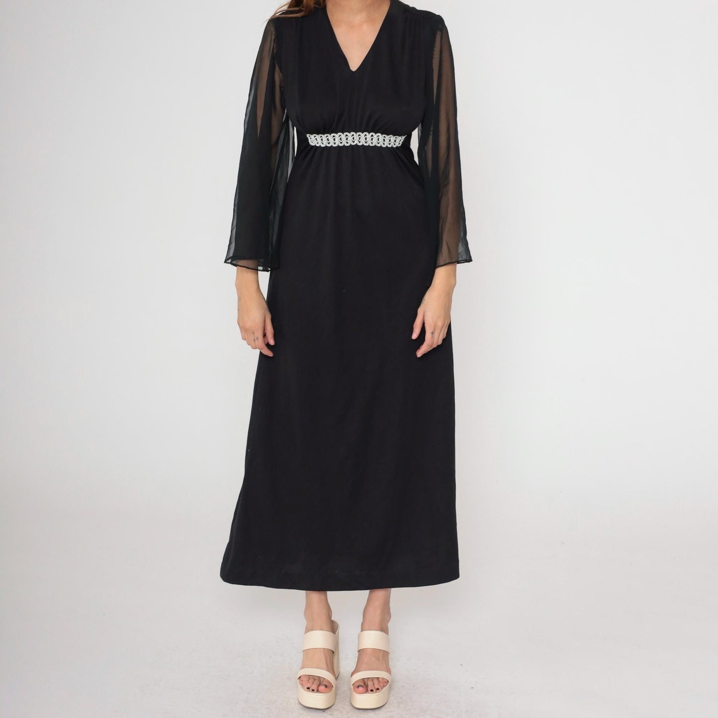 70s Black Chiffon Angel Sleeve Maxi Dress Silver Trim Empire Waist Medium