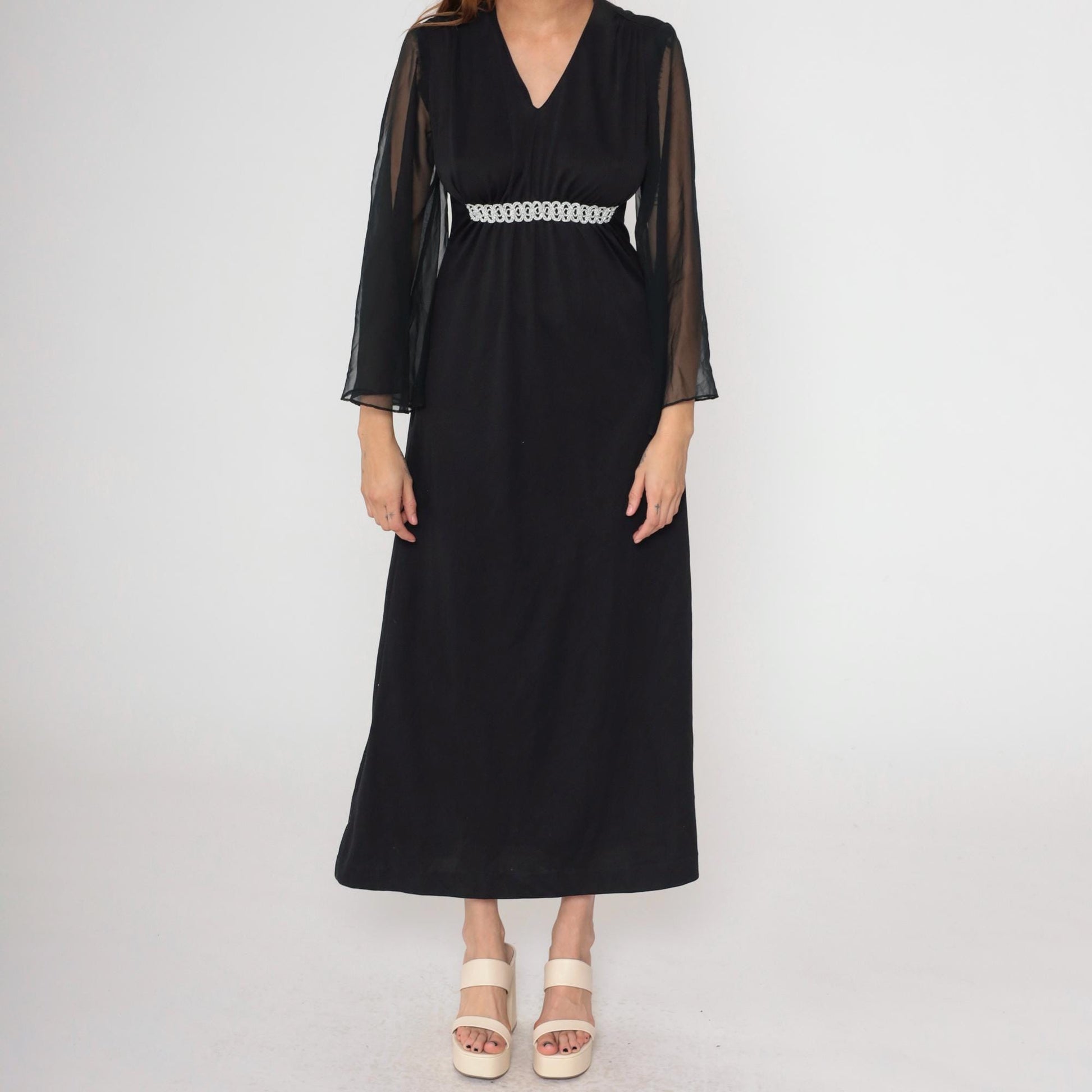 70s Black Chiffon Angel Sleeve Maxi Dress Silver Trim Empire Waist Medium