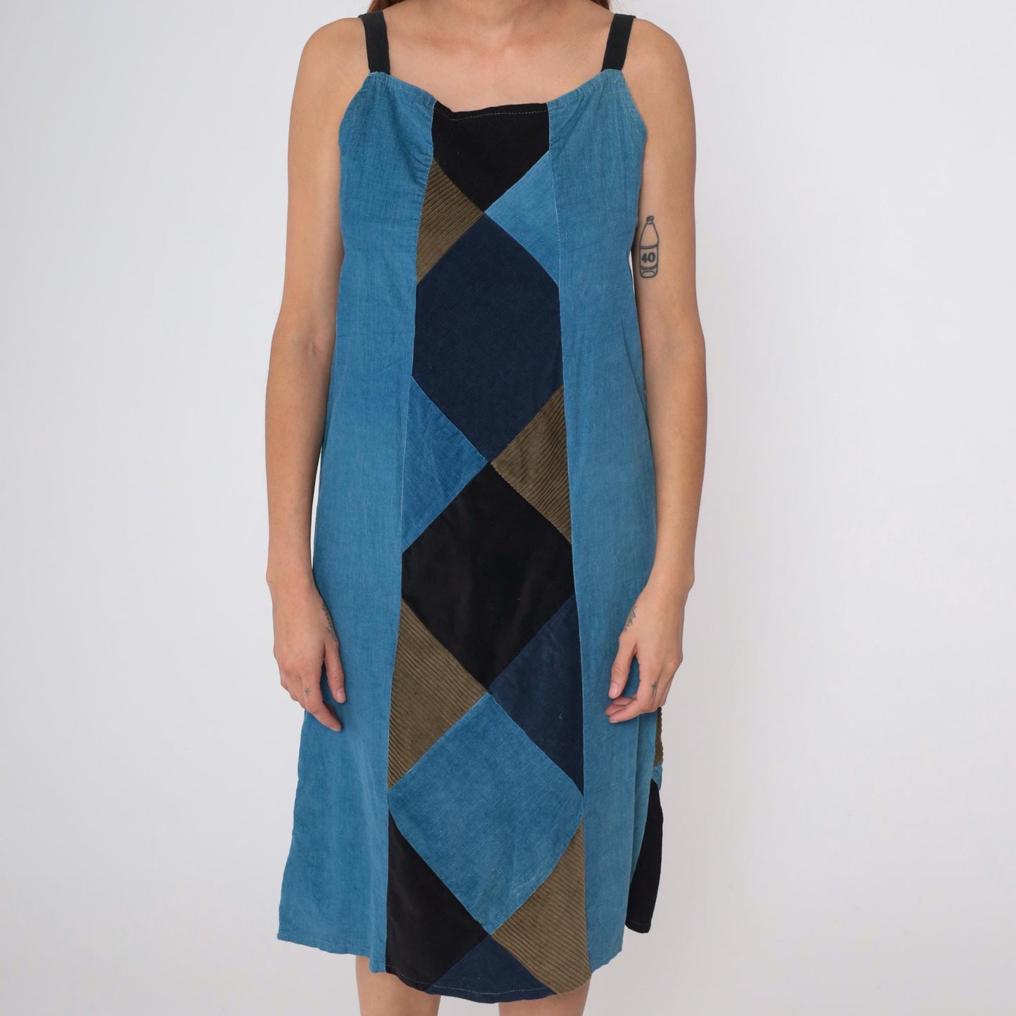 90s Blue Patchwork Corduroy Midi Dress Sleeveless Lace-Up Back Medium