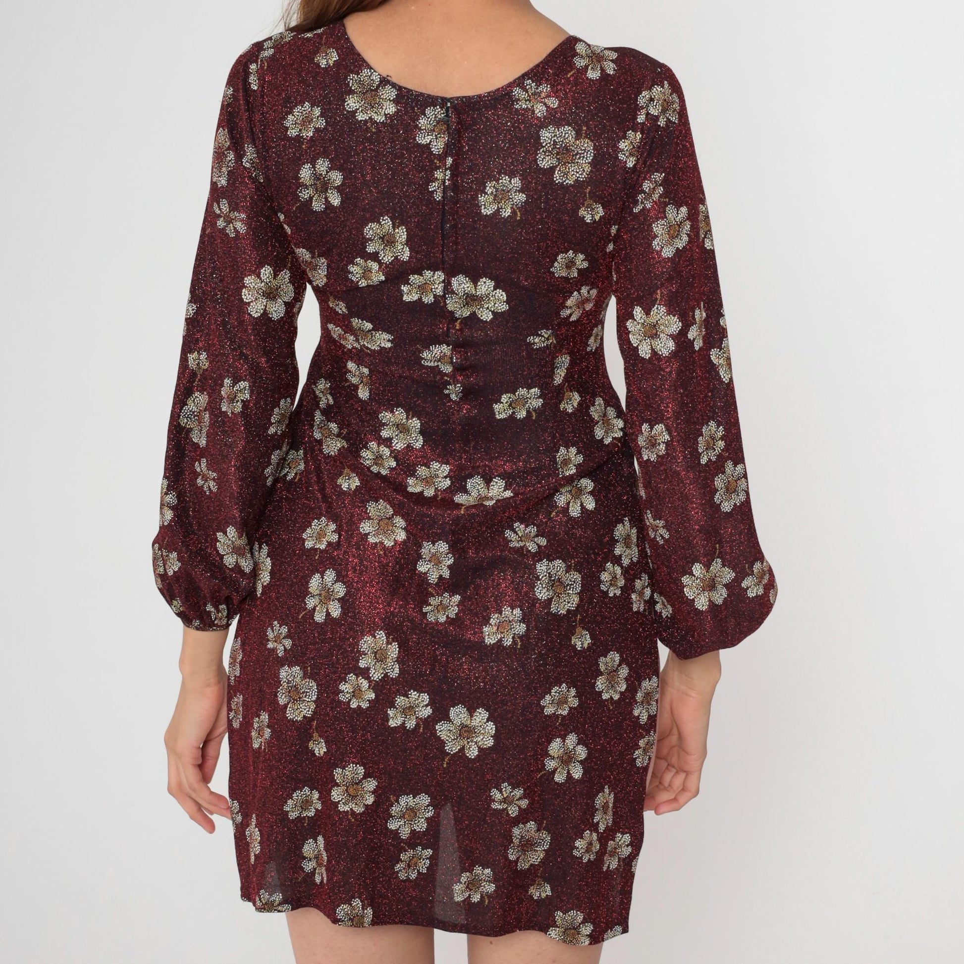 90s Metallic Floral Red Mini Dress High Slit Balloon Sleeve Extra Small