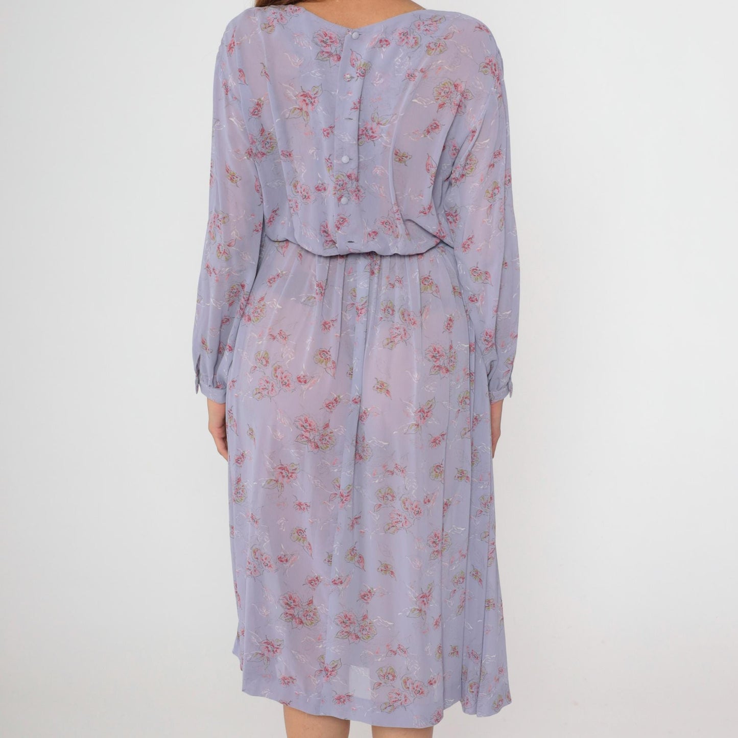 80s Lavender Floral Midi Dress High Waist Long Sleeve V-Neck Small Medium