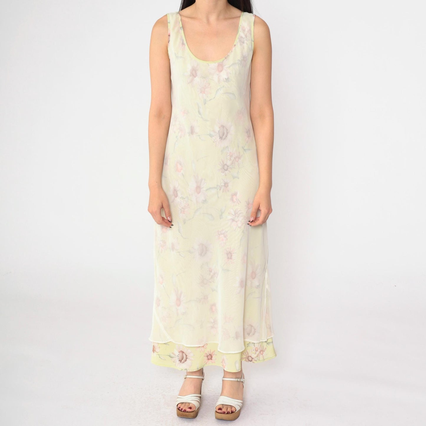 90s Green Floral Chiffon Midi Dress Sleeveless White Overlay Medium M