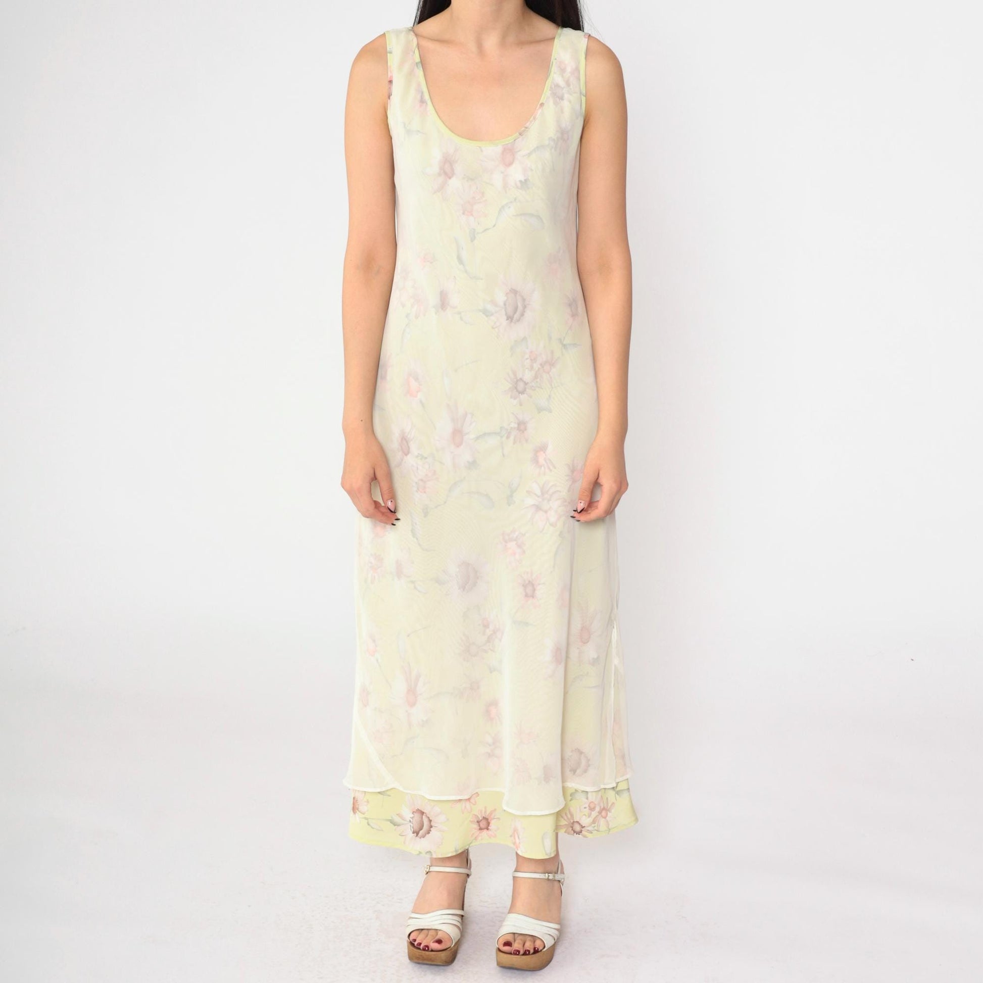 90s Green Floral Chiffon Midi Dress Sleeveless White Overlay Medium M