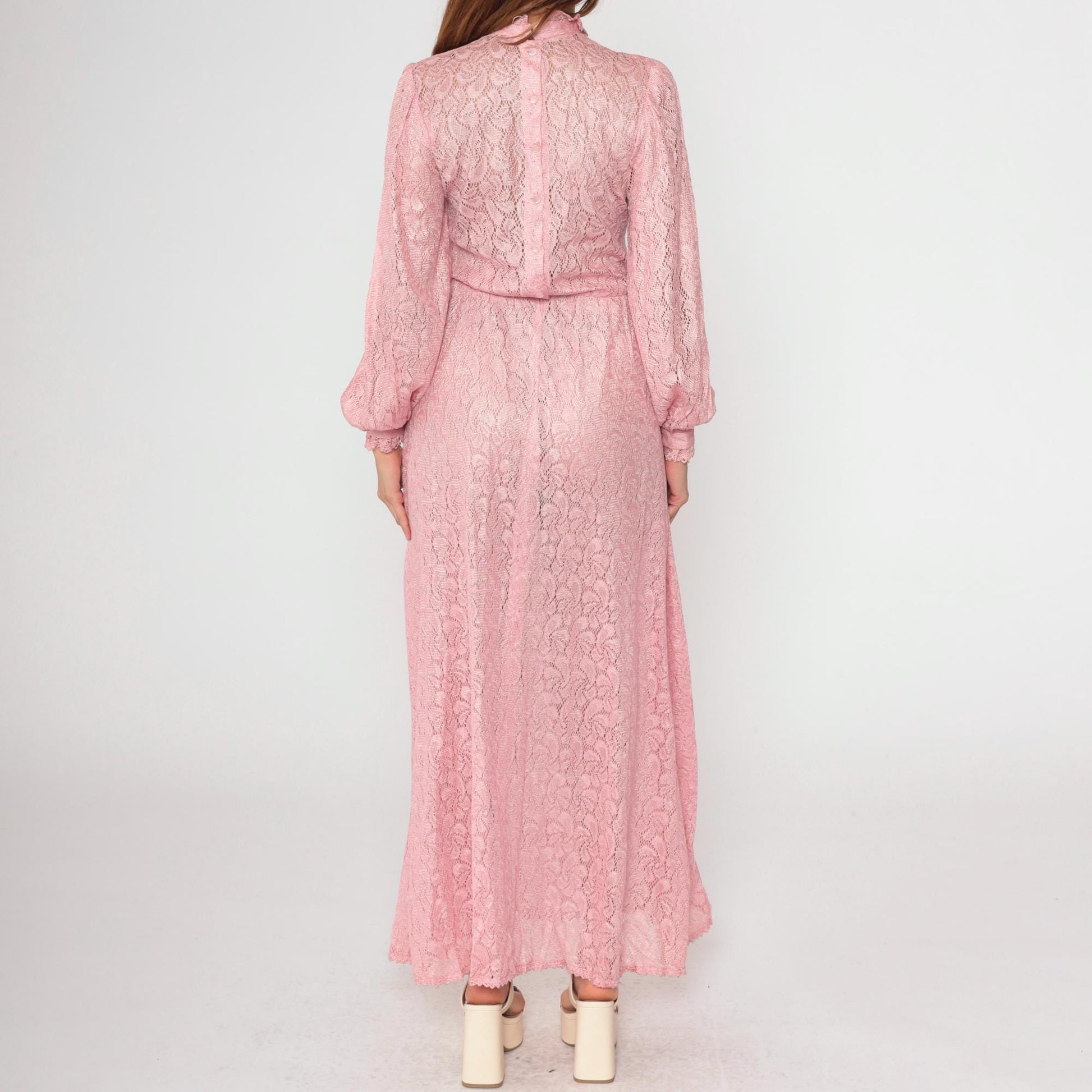 70s Pink Lace Maxi Dress Bishop Sleeve High Waist Button Back Small Medium