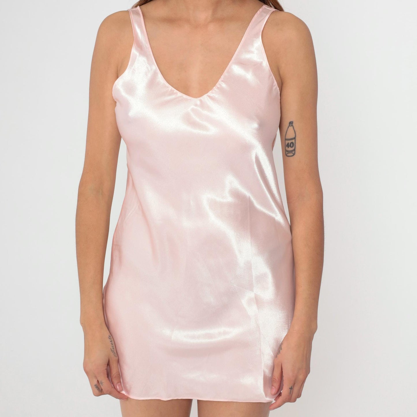 90s Pink Satin Slip Dress Low Back Tank Strap Mini Nightgown Small S
