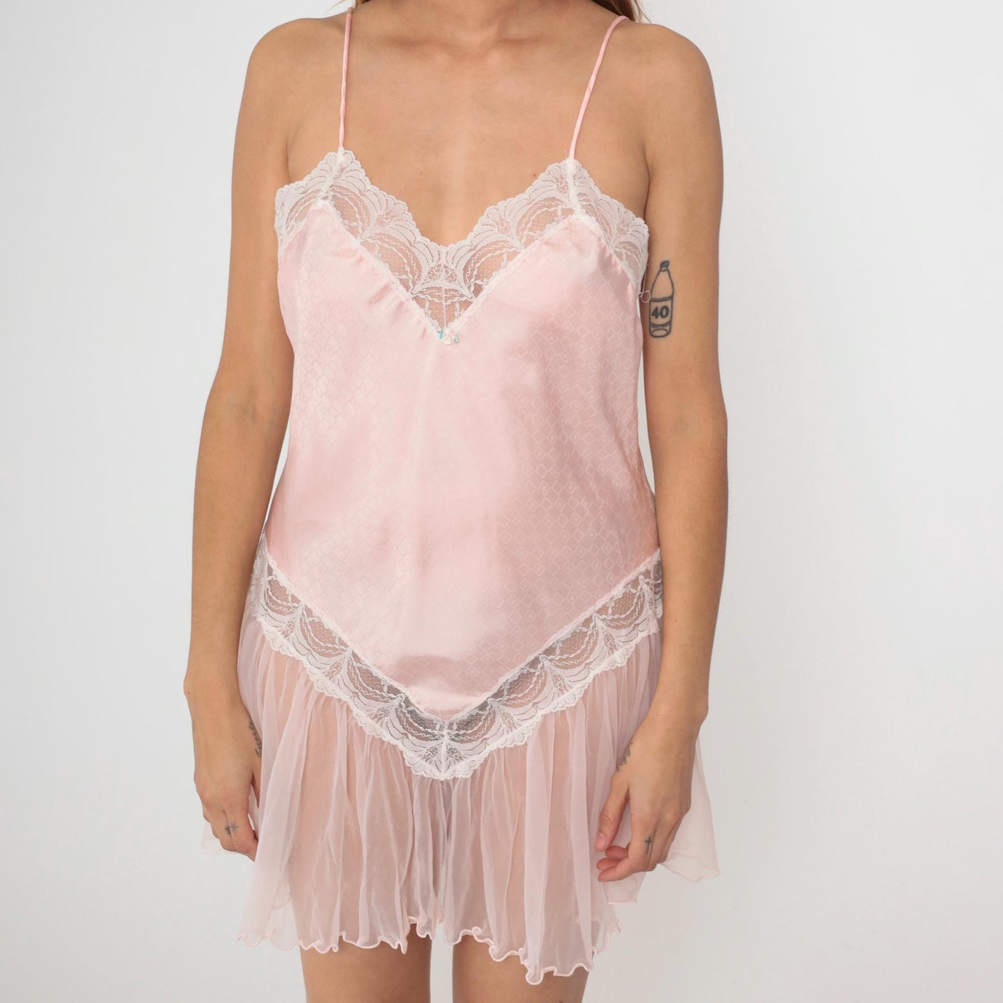 80s Jaclyn Smith Pink Jacquard Babydoll Slip Dress Lace Trim Mini Medium M