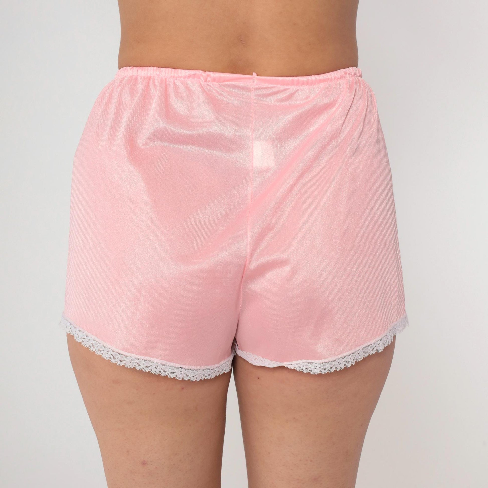 80s Pink Nylon Pajama Shorts Lace Trim Elastic Waist Small S