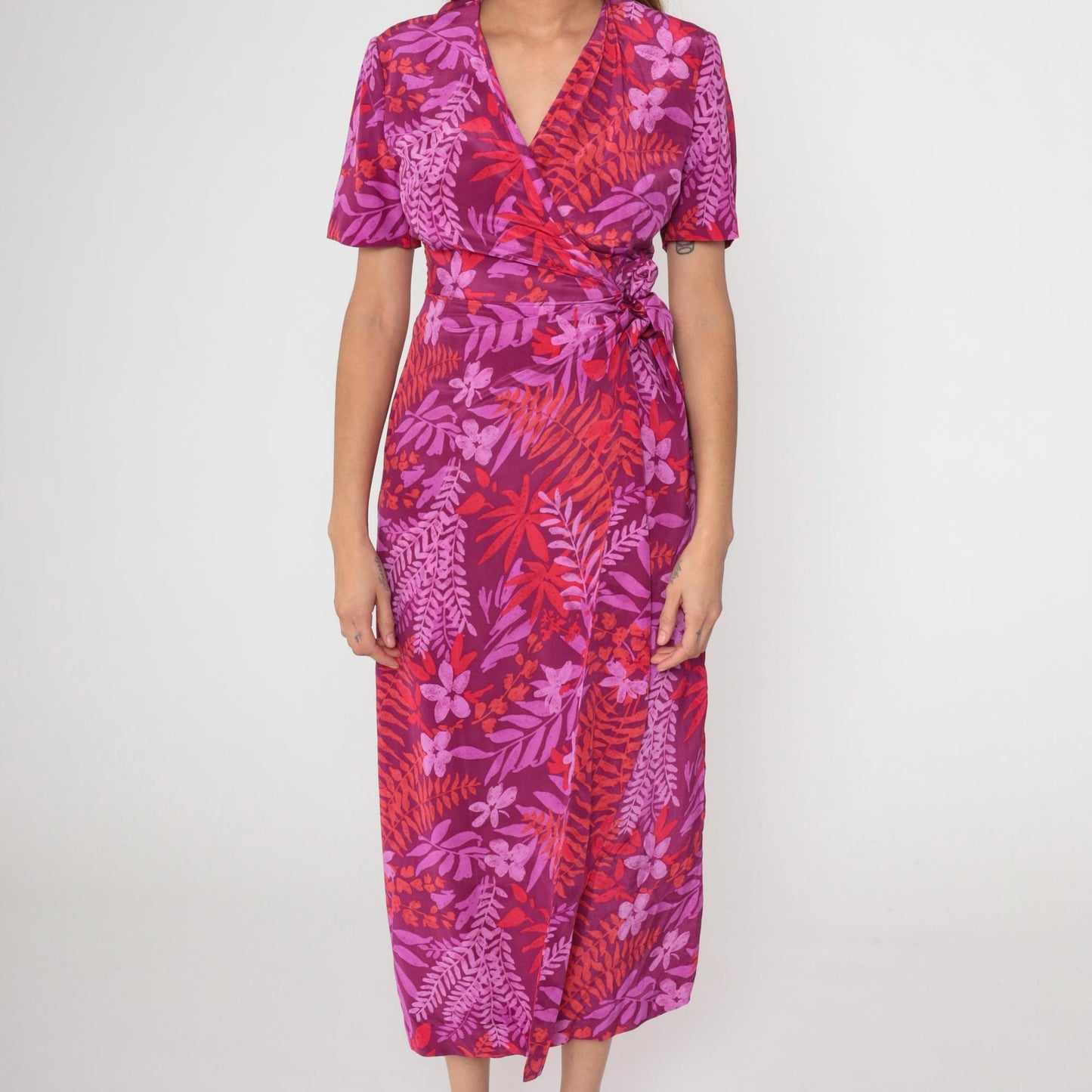 Y2K Adrianna Papell Silk Wrap Dress Purple Red Floral Midi Small 6