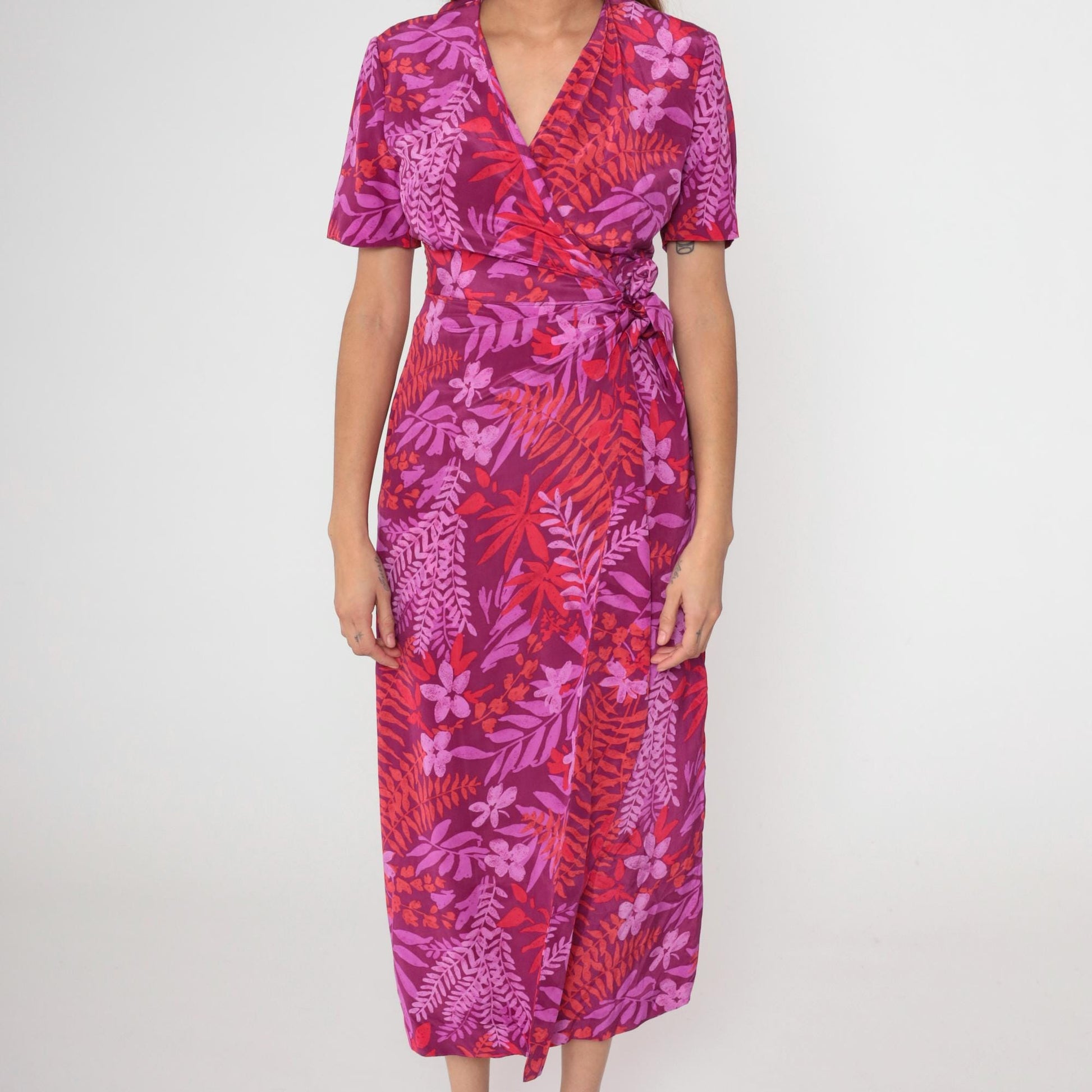 Y2K Adrianna Papell Silk Wrap Dress Purple Red Floral Midi Small 6