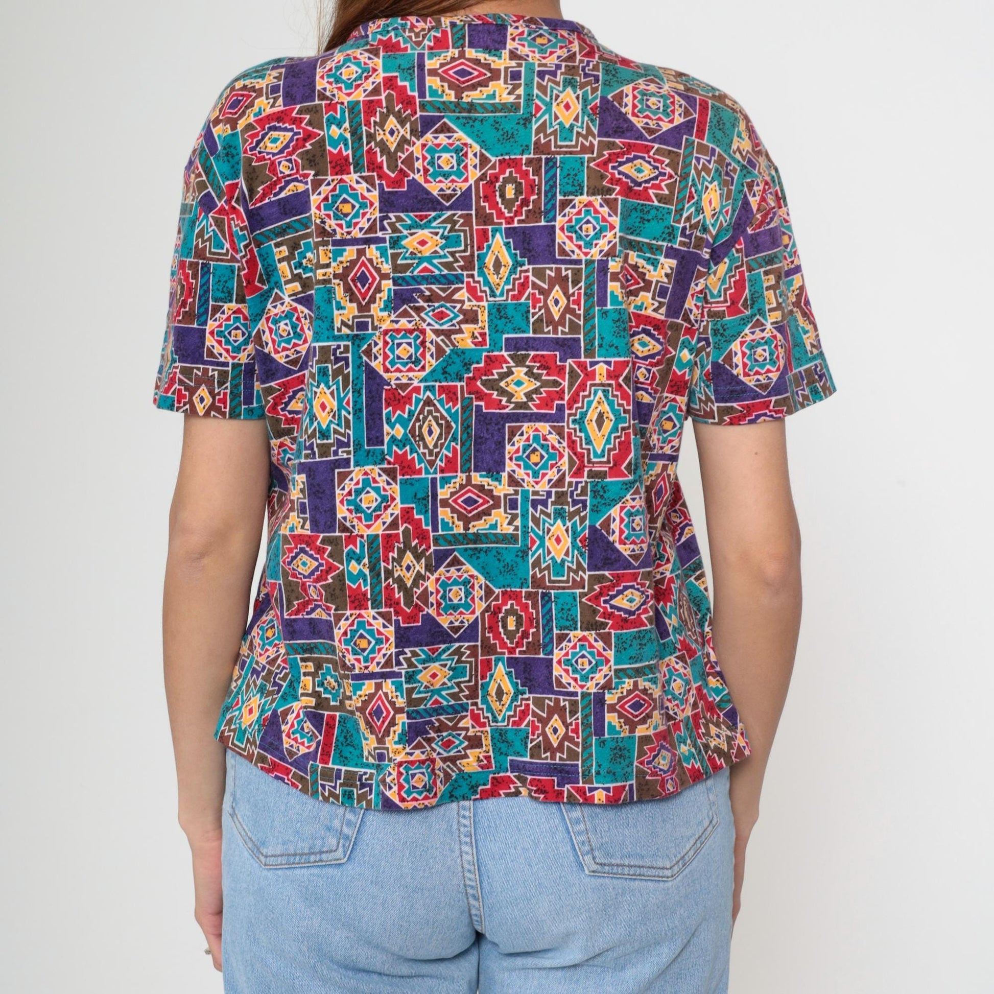 90s Southwestern Geometric Button-Up Blouse Cotton Short Sleeve Medium M