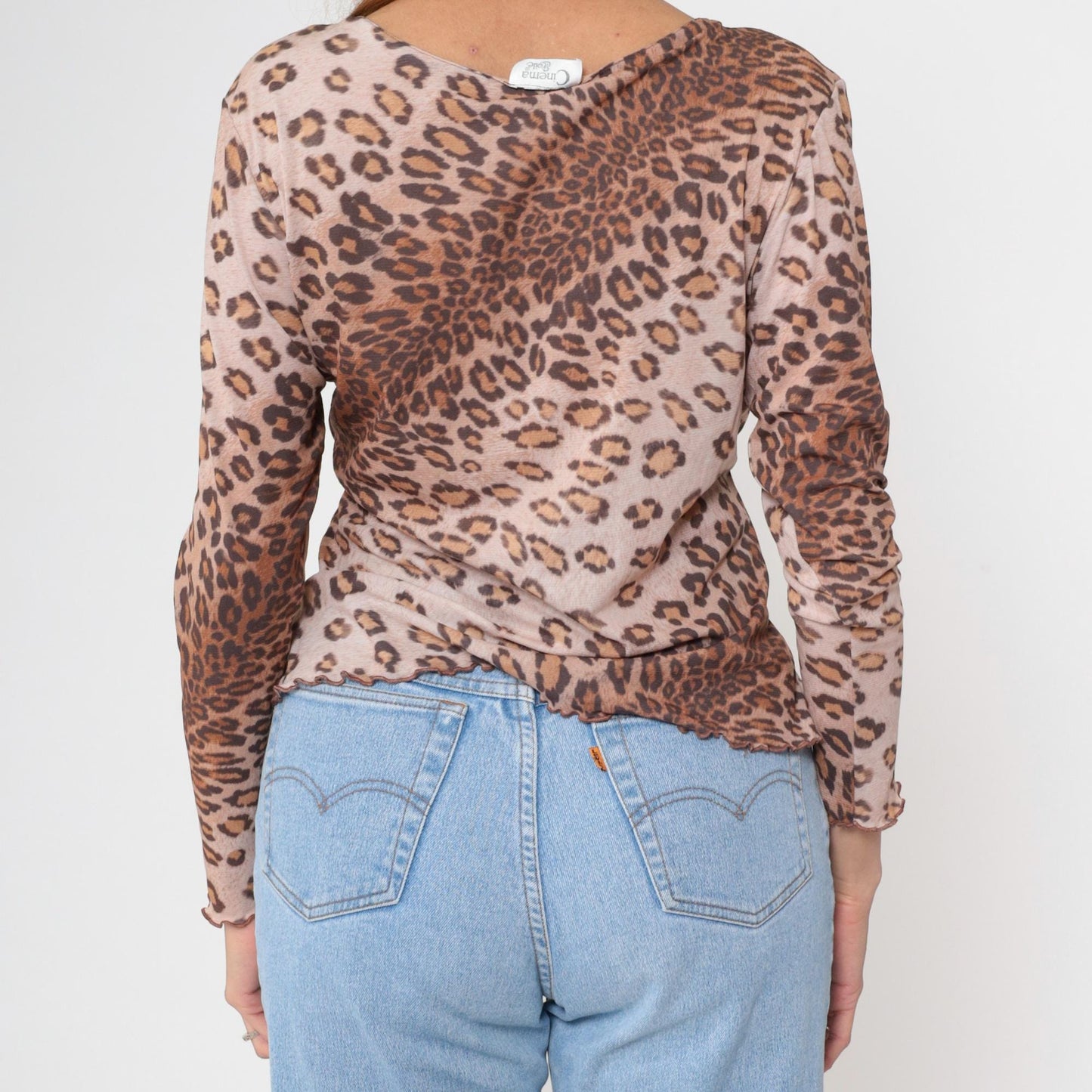 Y2K Leopard Print Long Sleeve Top Scoop Neck Lettuce Edge Large L