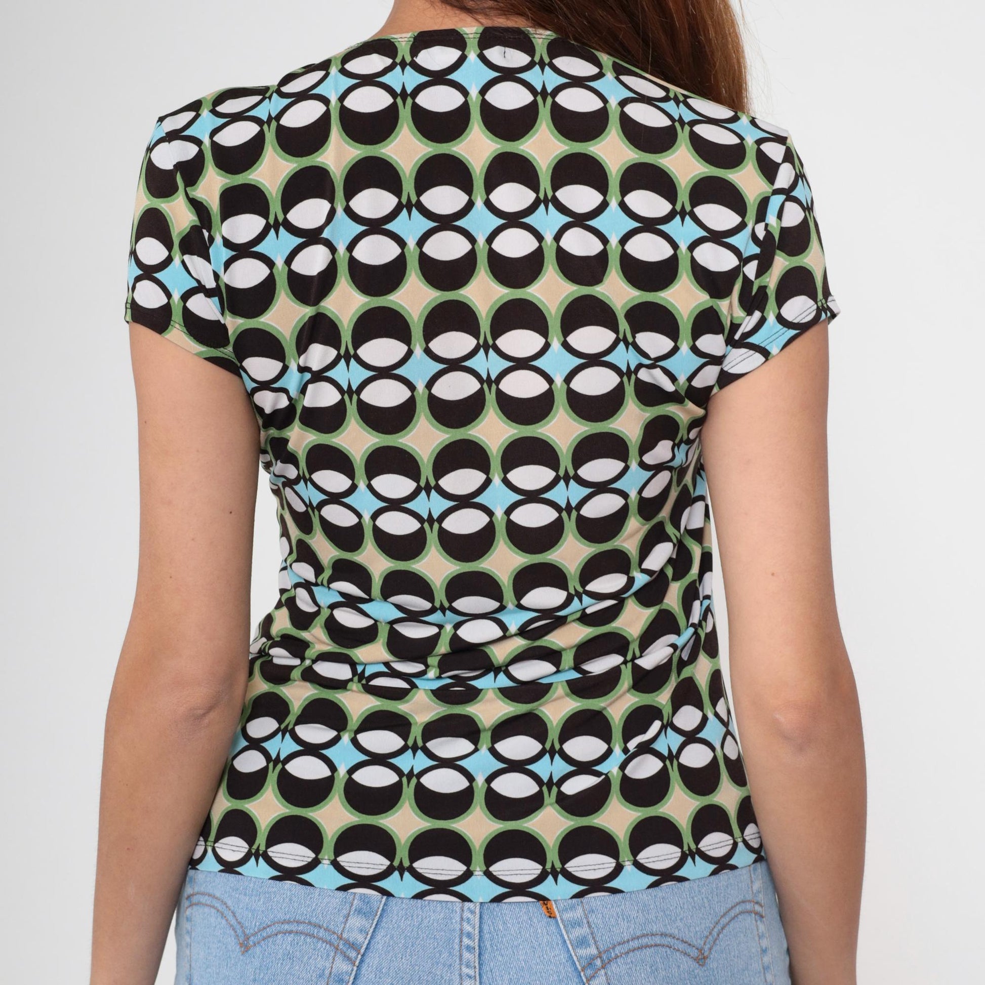 Y2K Geometric Print Top Green Black Blue O-Ring V-Neck Short Sleeve Small