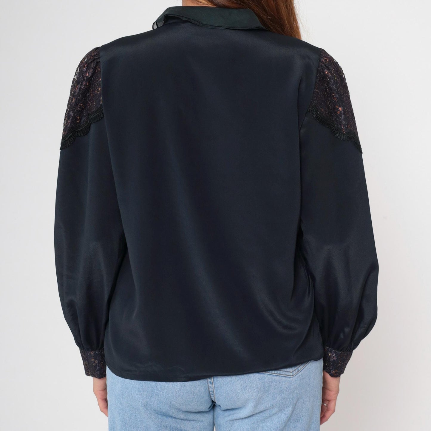 80s Black Satin Blouse Metallic Lace Yoke Beaded Sequin Puff Sleeve Medium
