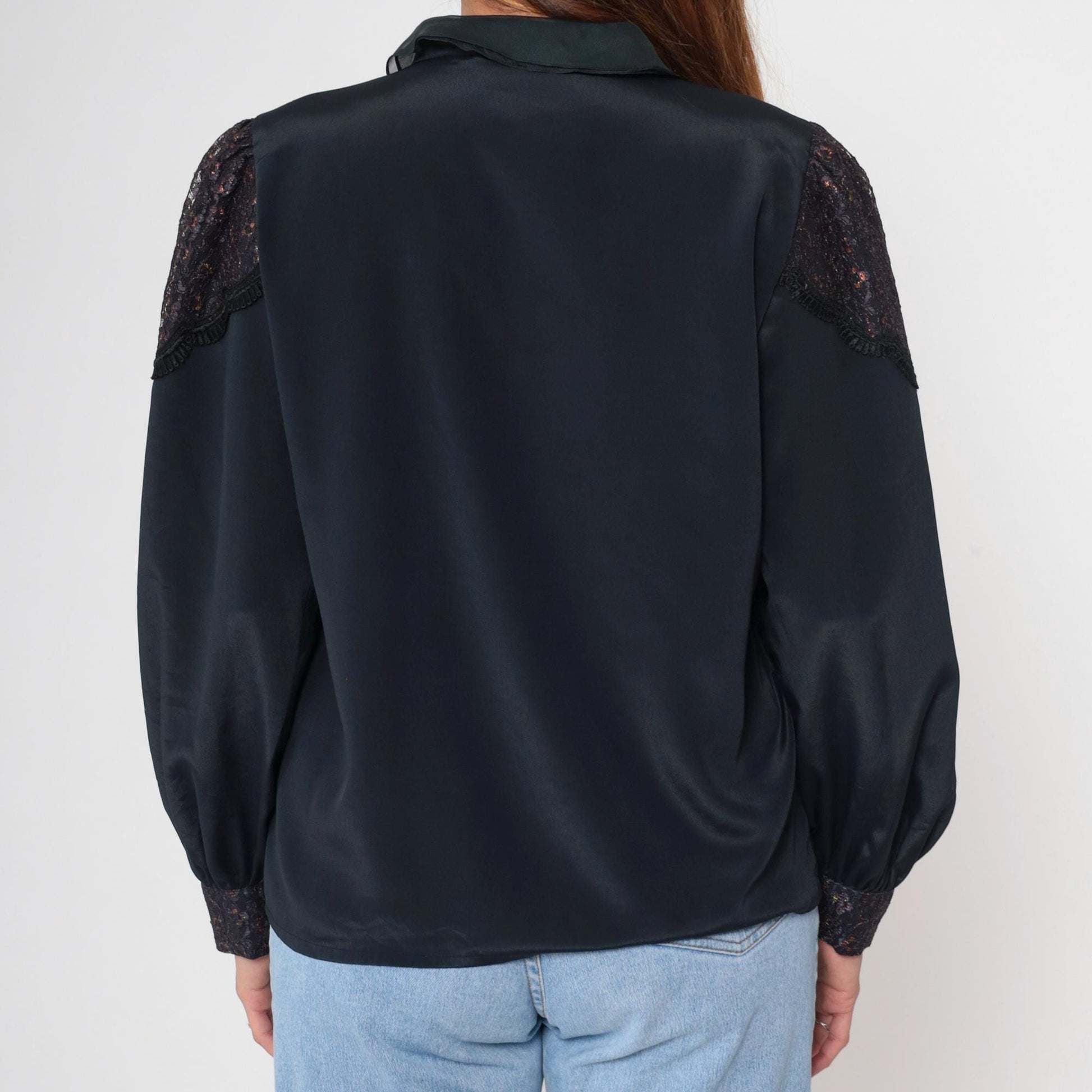 80s Black Satin Blouse Metallic Lace Yoke Beaded Sequin Puff Sleeve Medium