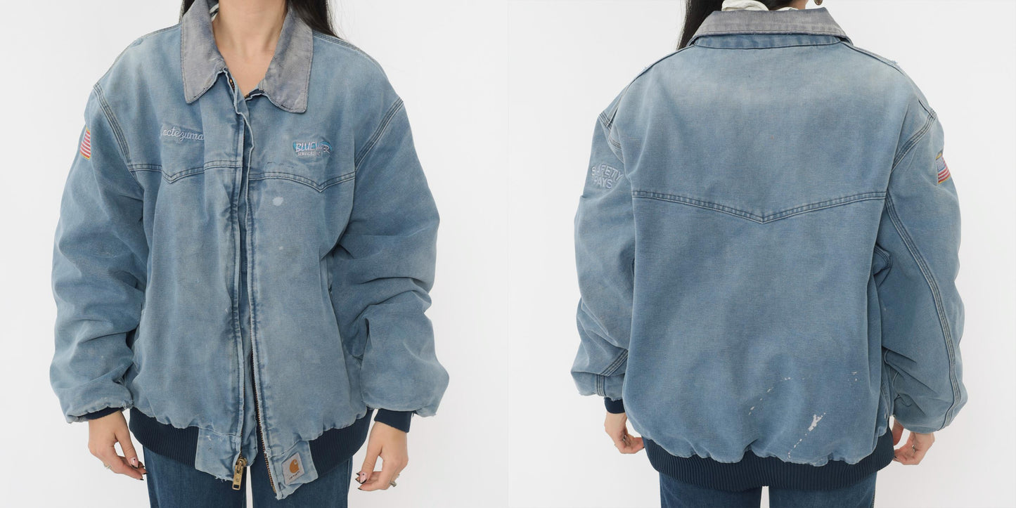 90s Carhartt Bomber Jacket Blue Duck Corduroy Collar Bluewater Services Large L