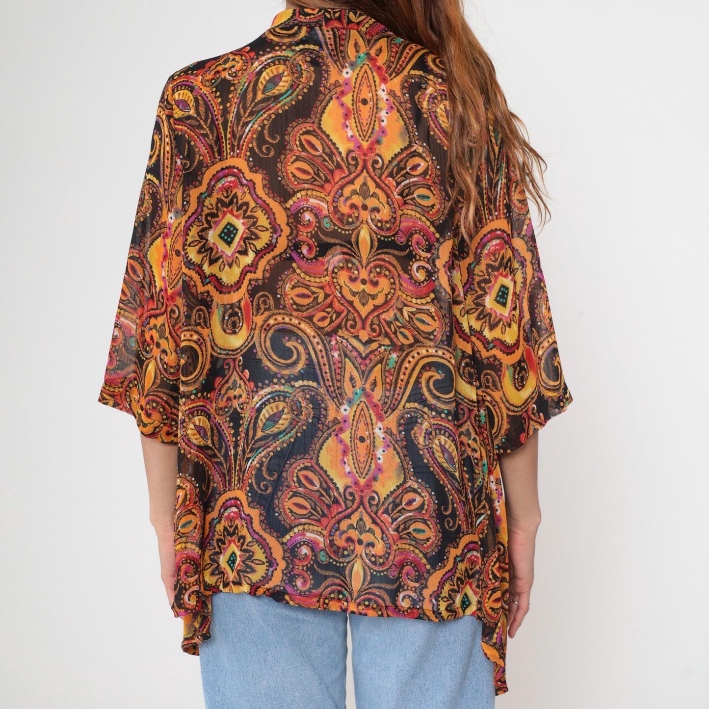 Y2K Sheer Paisley Kimono Jacket Open Front Asymmetrical Orange Gold Pink Extra Small