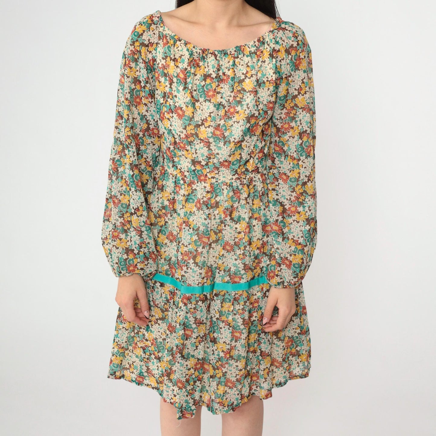 70s Floral Peasant Dress Off-Shoulder Tiered Mini Long Sleeve Small