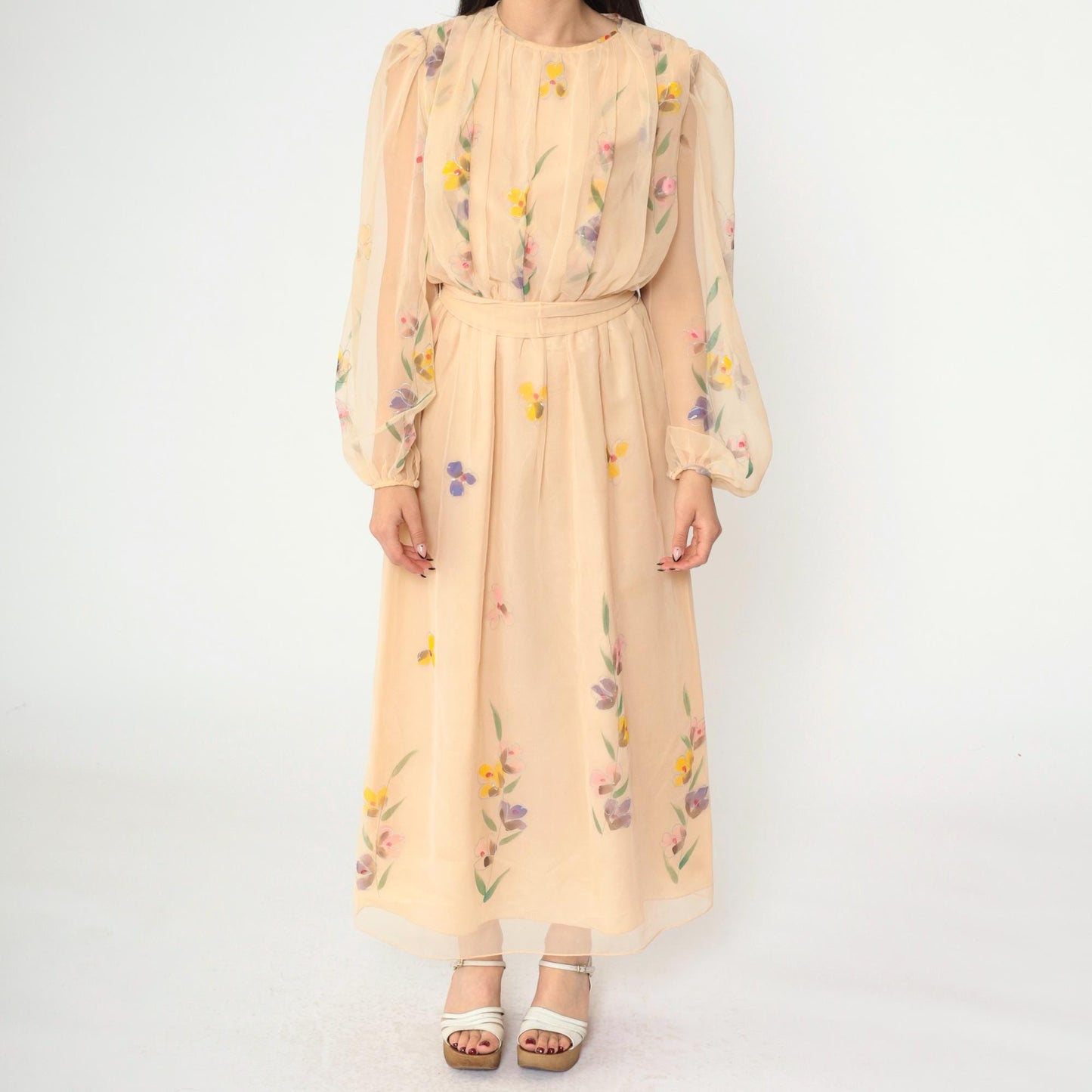 70s Peach Floral Chiffon Maxi Dress Puff Sleeve High Waist Small