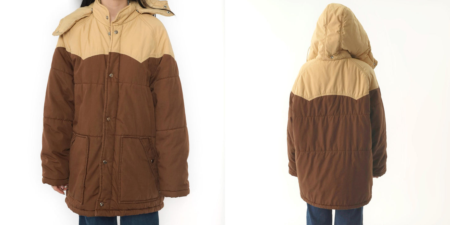 80s Western Puffer Jacket Two Tone Brown Tan Hooded Ski Coat Men's Large L