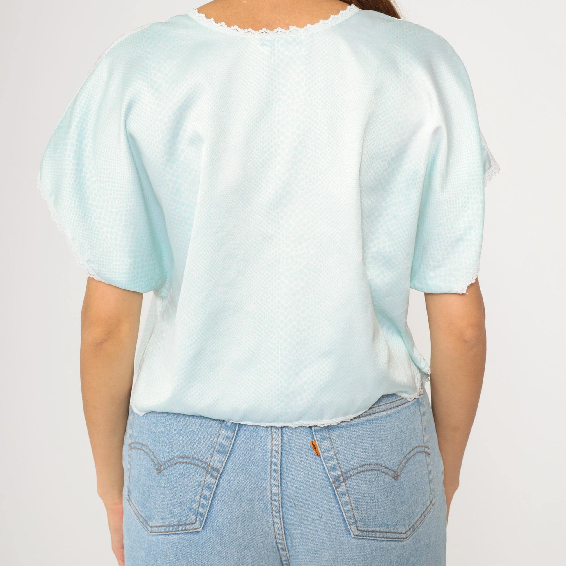 80s Aqua Satin Snakeskin Pajama Top Lace Trim Cropped V-Neck Medium