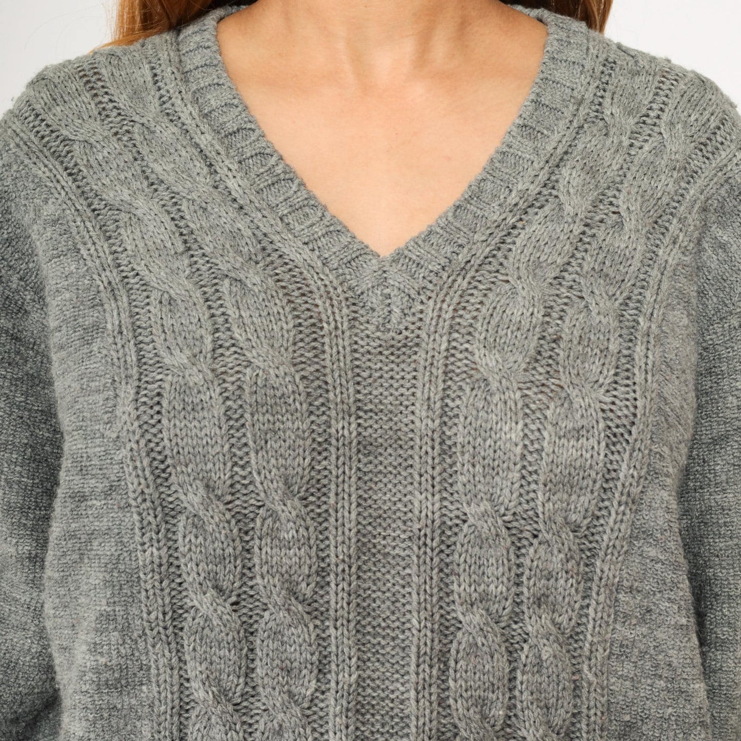 80s Campus Cable Knit V-Neck Sweater Grey Acrylic Pullover Medium M