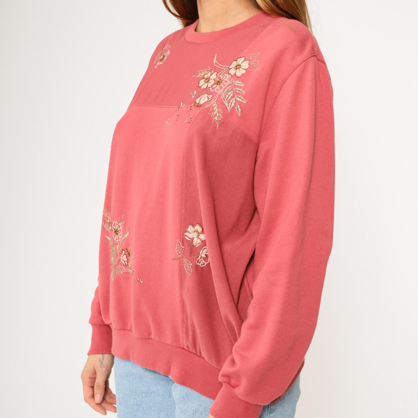 Y2K Alfred Dunner Floral Embroidered Sweatshirt Coral Pink Beaded Crewneck Large L