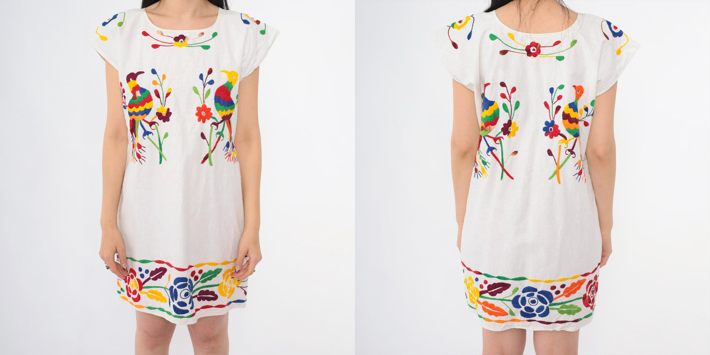 90s Mexican Embroidered Peacock Floral Mini Dress White Cotton Tunic Medium M
