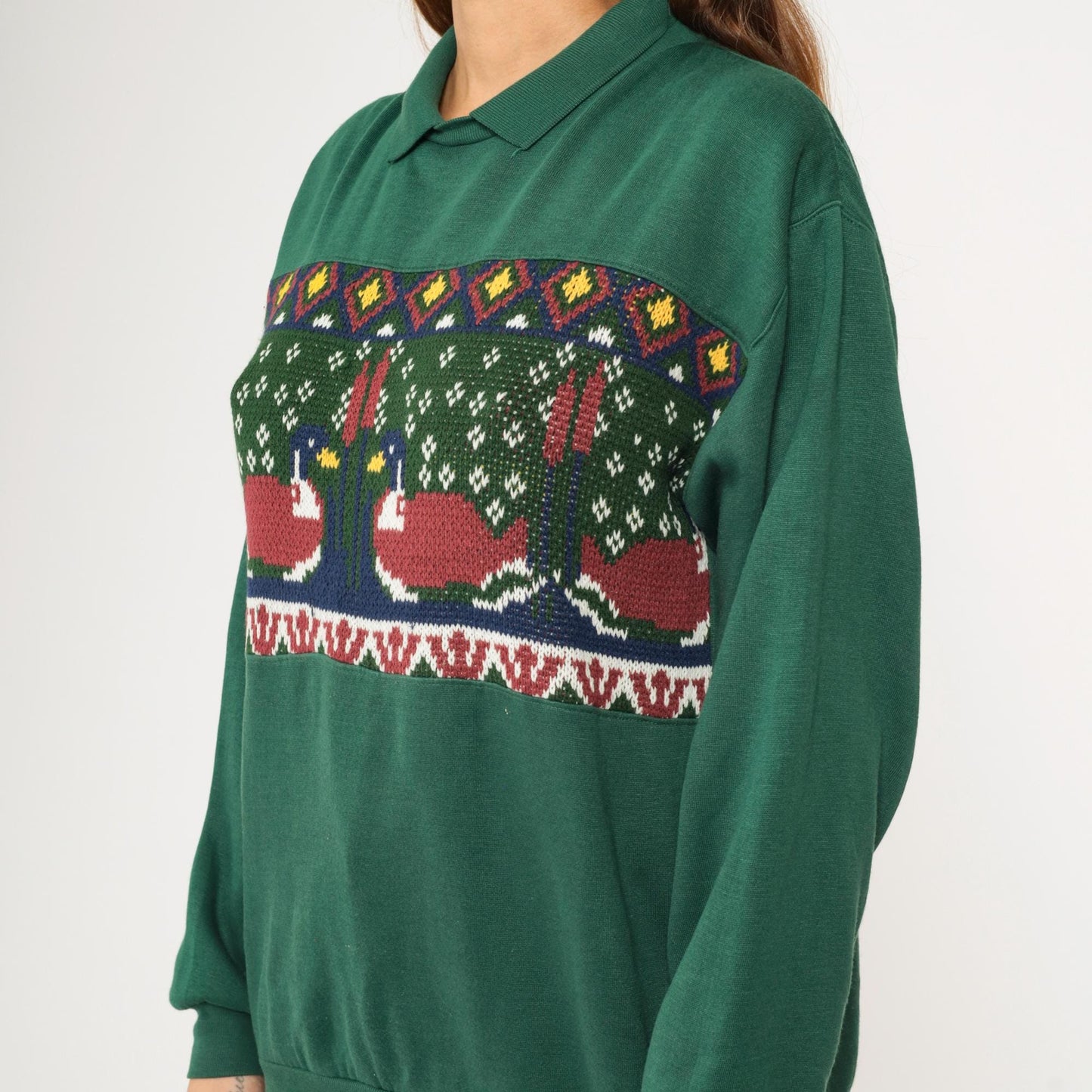 90s Duck Cattails Knit Sweatshirt Dark Green Collared Jumper Small S