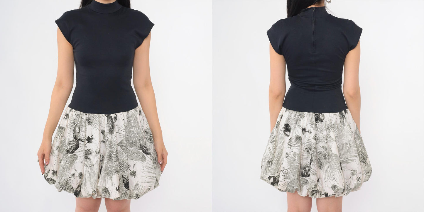 90s All That Jazz Bubble Hem Mini Dress Black White Tropical Print Cap Sleeve Small
