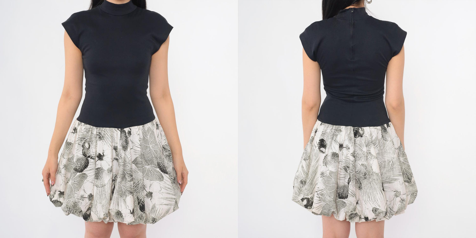 90s All That Jazz Bubble Hem Mini Dress Black White Tropical Print Cap Sleeve Small