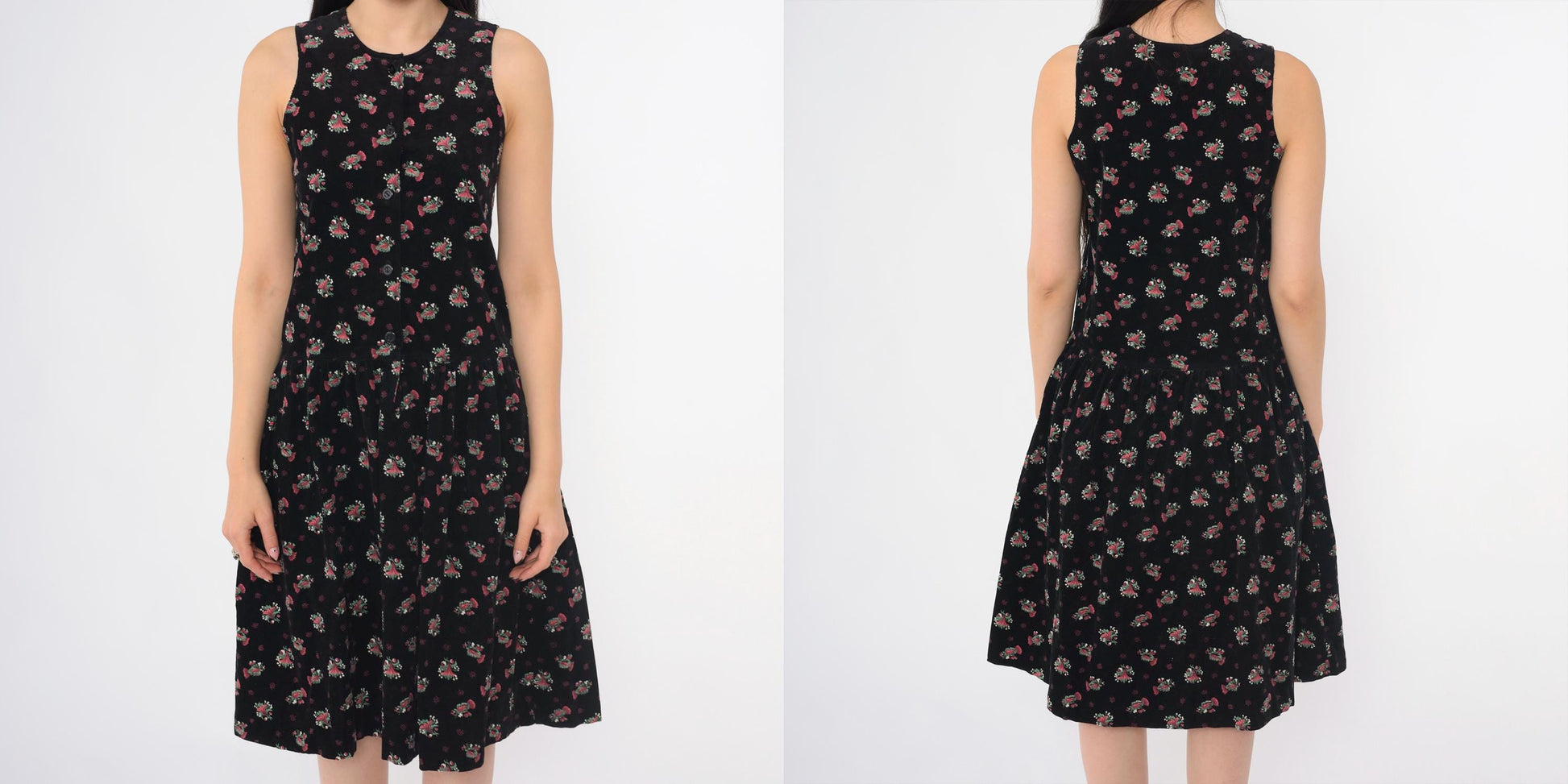 90s Black Corduroy Floral Button-Up Pinafore Midi Dress Extra Small
