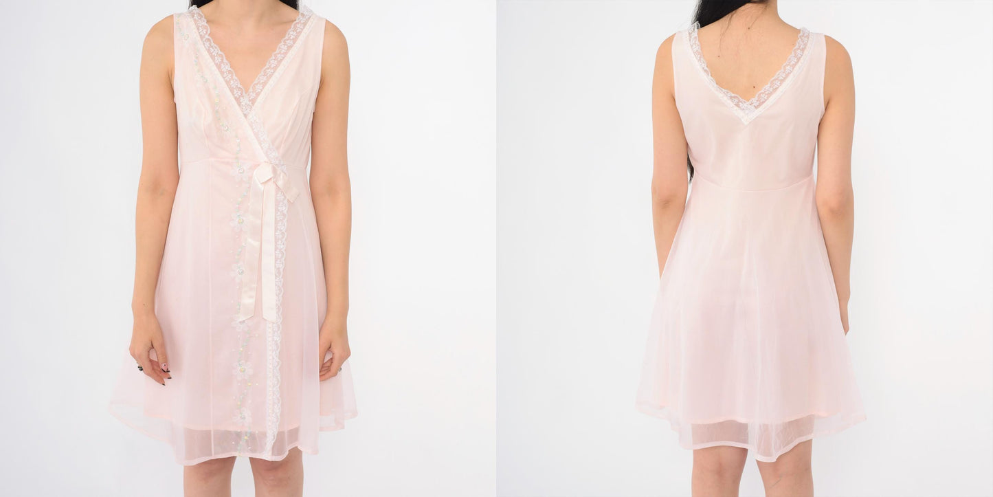 60s Shadowline Baby Pink Nylon Nightgown Floral Embroidered Empire Waist Small