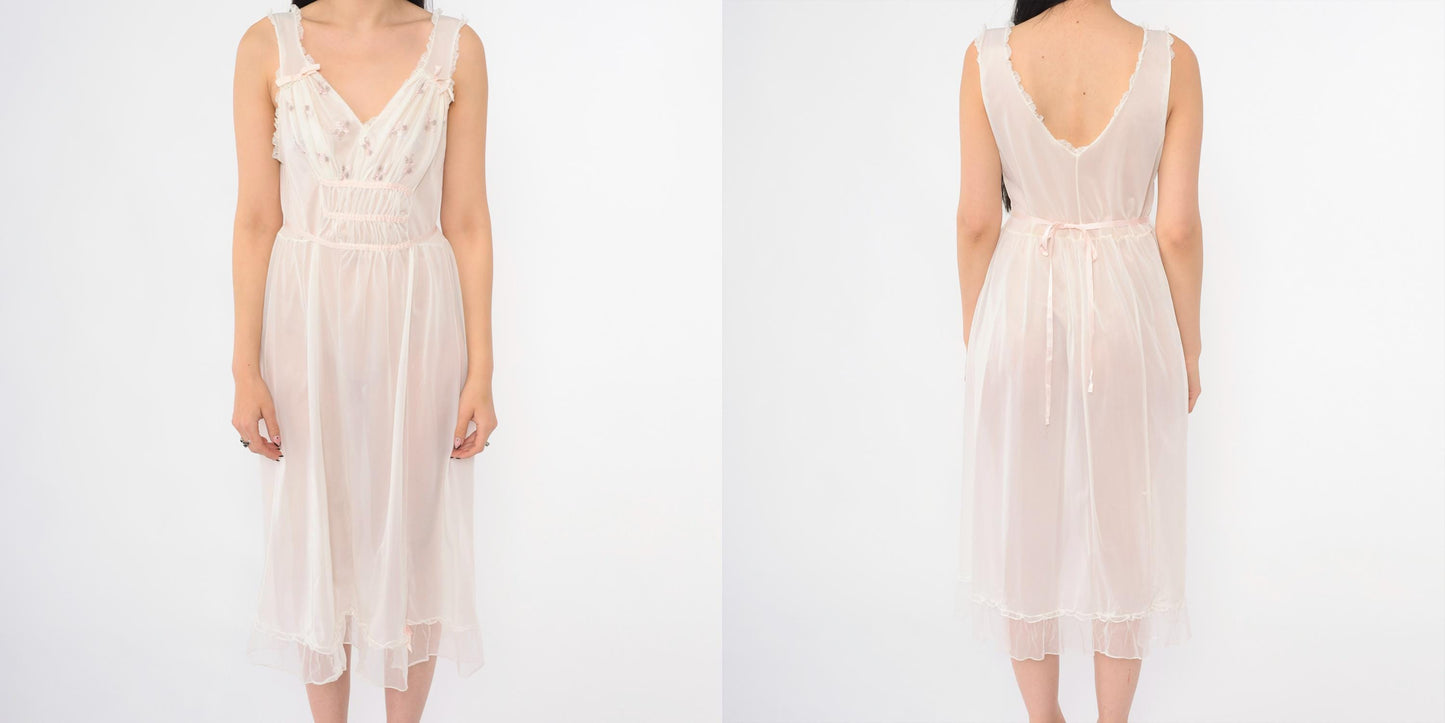 70s Blue Swan White Nylon Nightgown Pink Floral Embroidered Midi Small