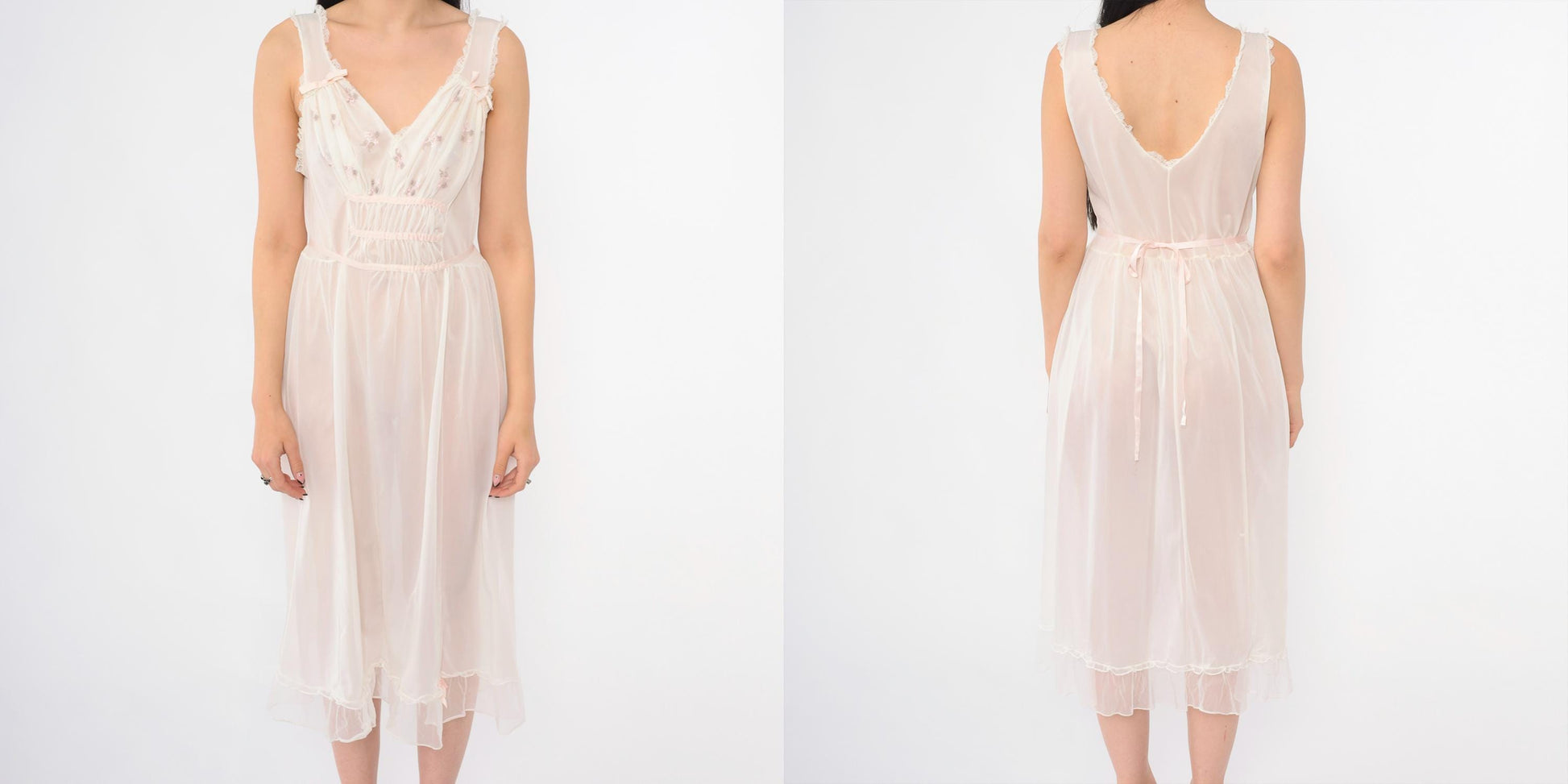 70s Blue Swan White Nylon Nightgown Pink Floral Embroidered Midi Small
