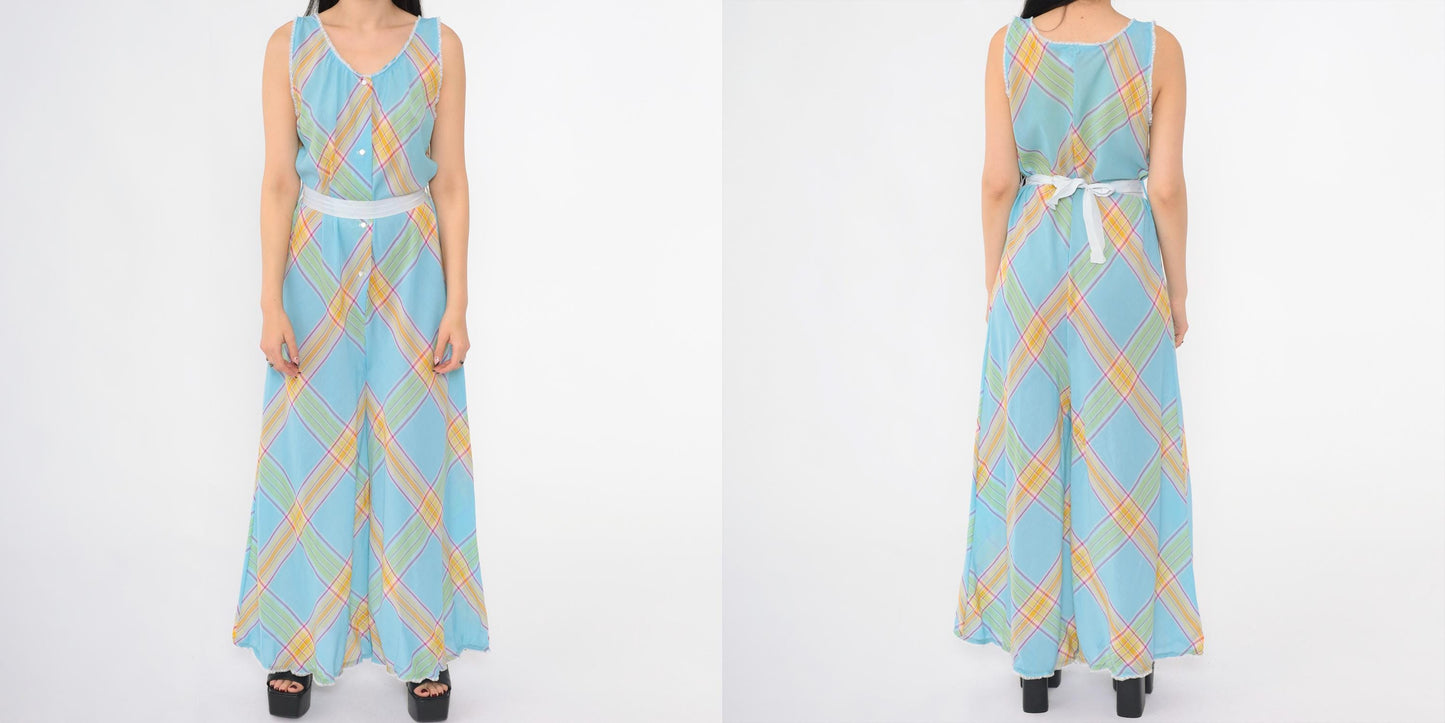 70s Light Blue Plaid Palazzo Jumpsuit Scoop Neck High Waist Medium M
