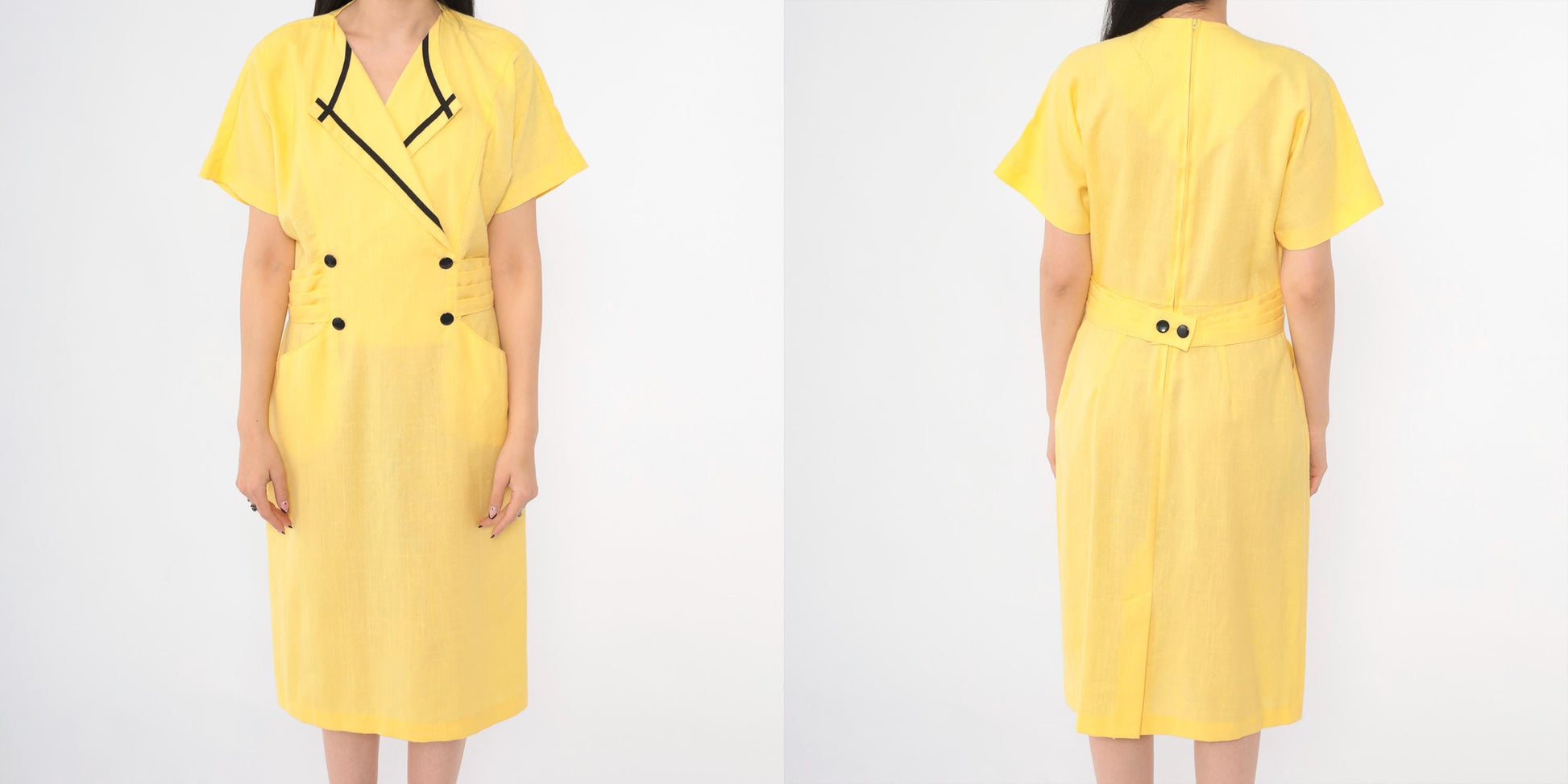 80s Damon Petite Yellow Midi Dress Double Breasted Button Front Black Trim Medium
