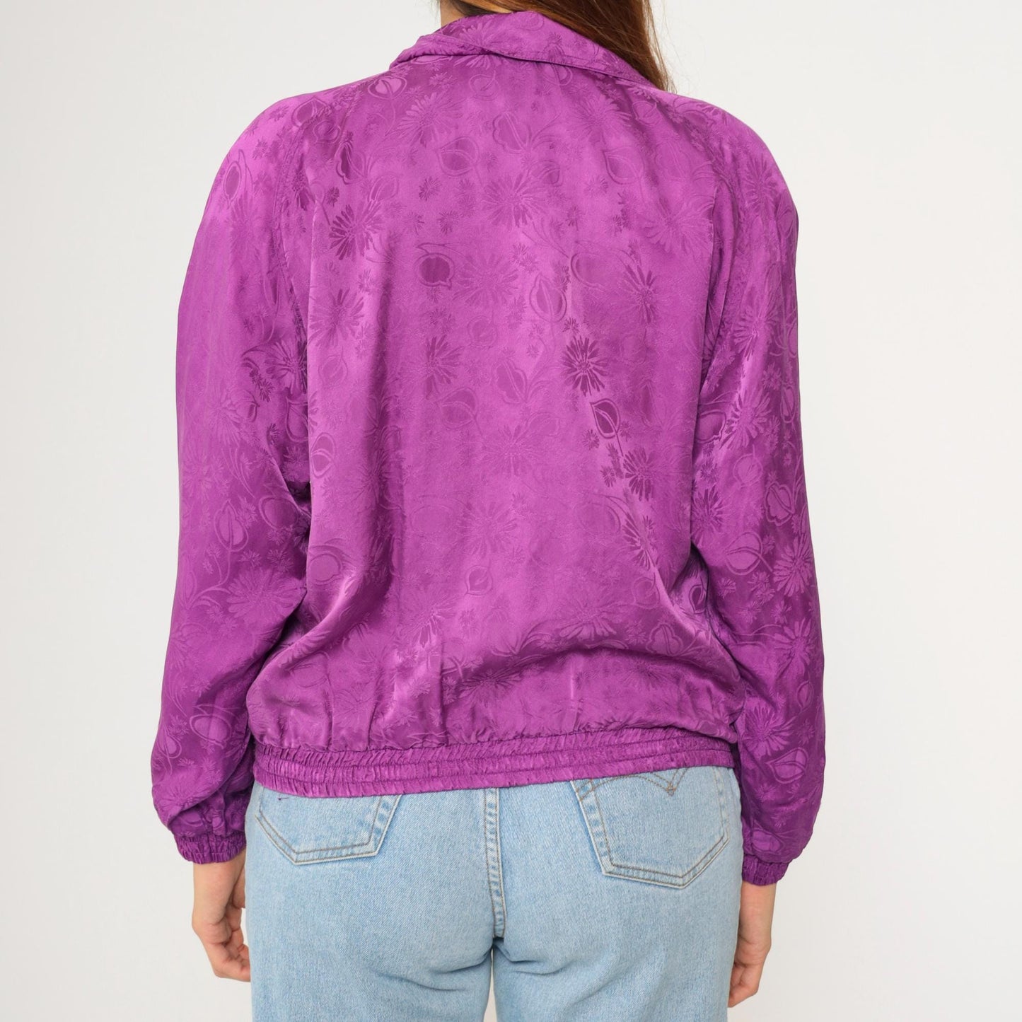 90s Silk Floral Jacquard Windbreaker Purple Zip-Up Raglan Jacket Extra Small