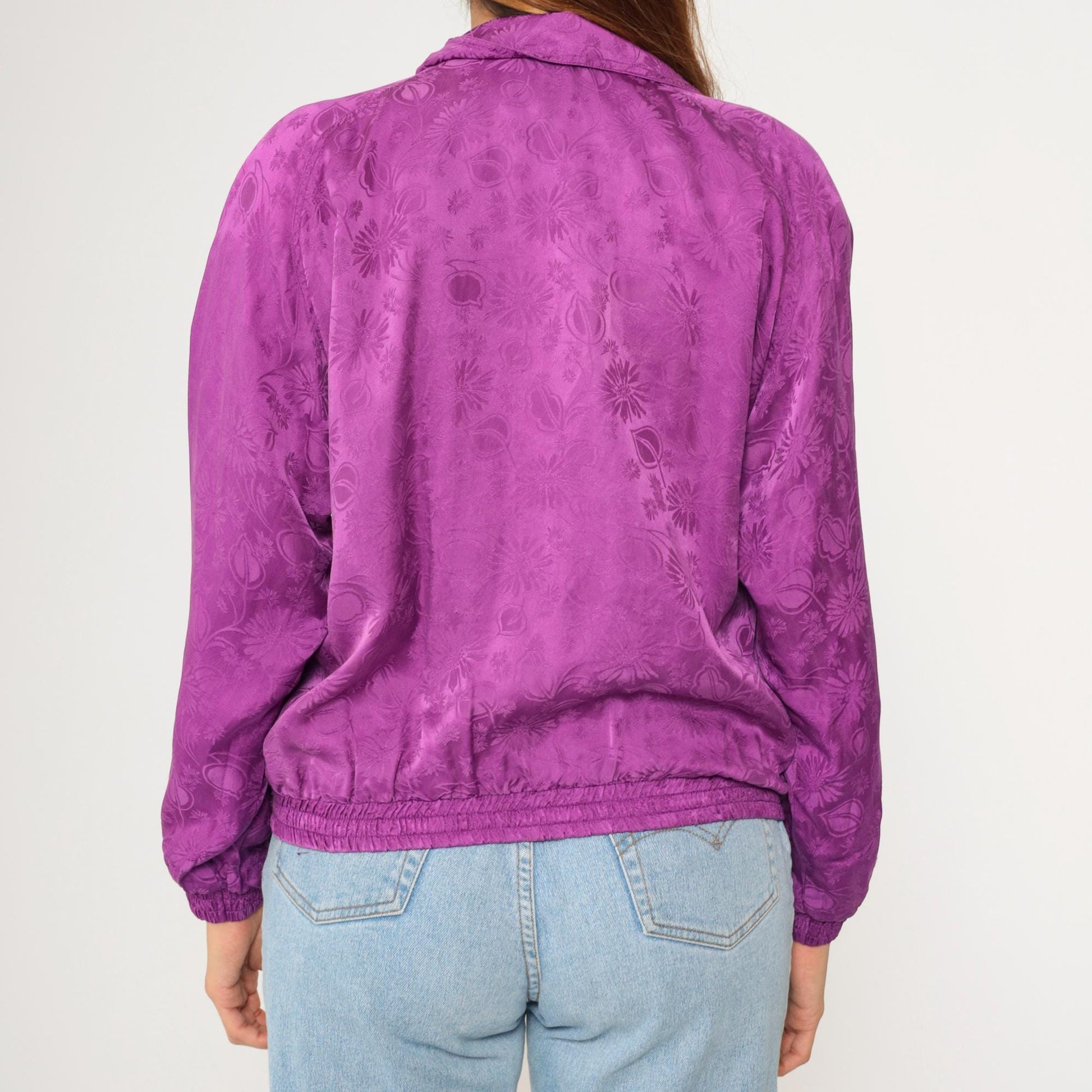 90s Silk Floral Jacquard Windbreaker Purple Zip-Up Raglan Jacket Extra Small