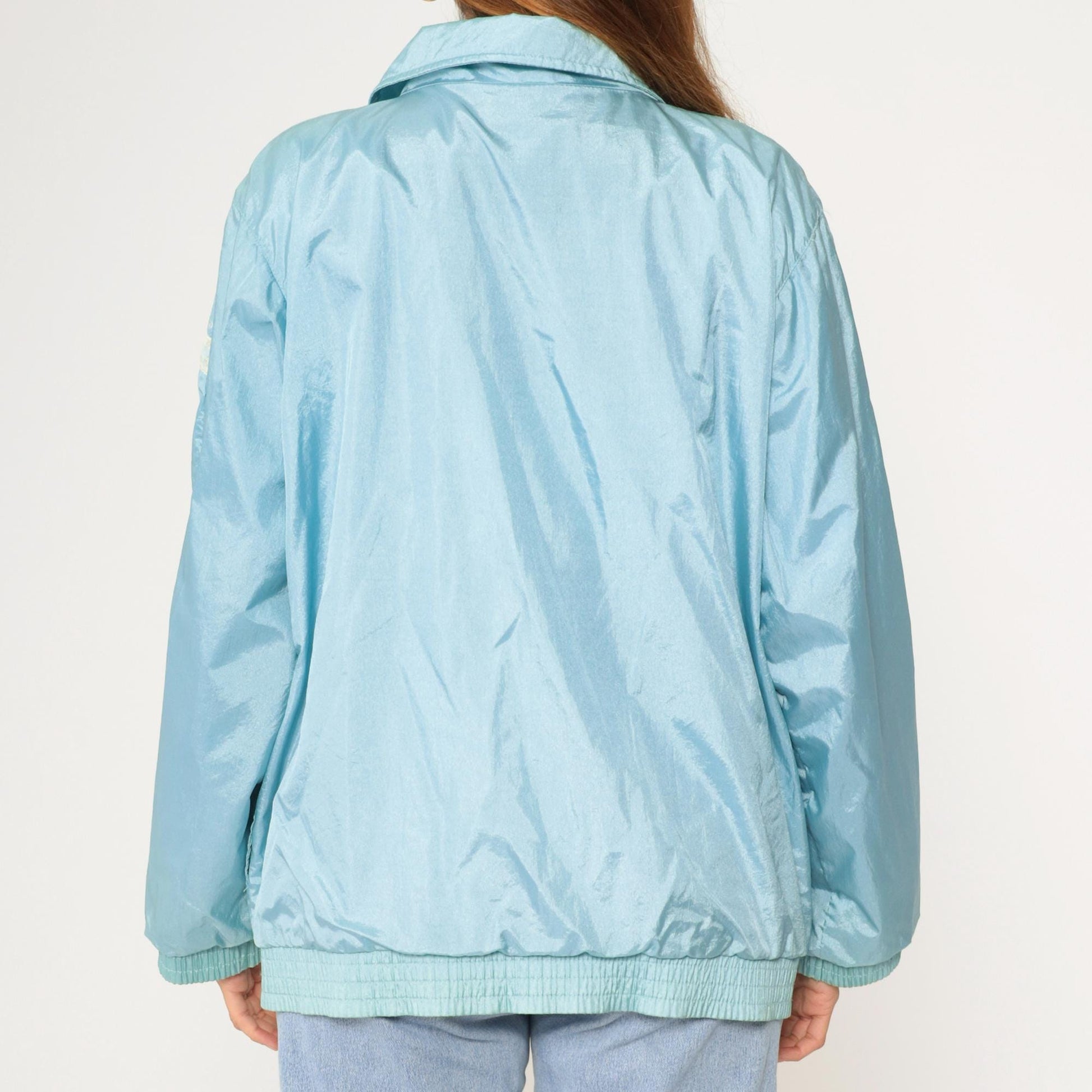 90s Forenza Windbreaker Jacket Light Blue Floral Chevron Stripe Nylon Large L