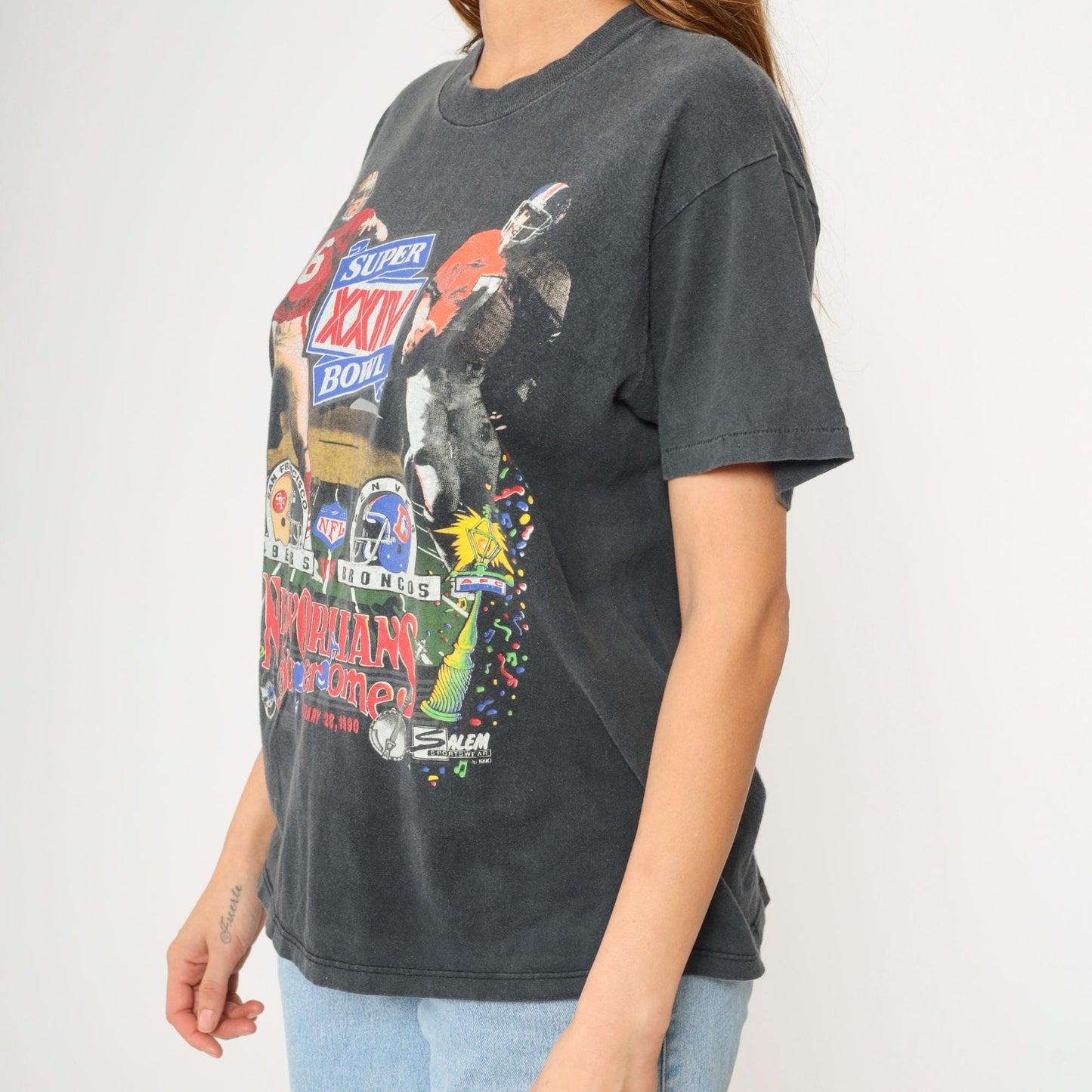 90s Super Bowl XXIV T-Shirt San Francisco 49ers Denver Broncos Black Cotton Large
