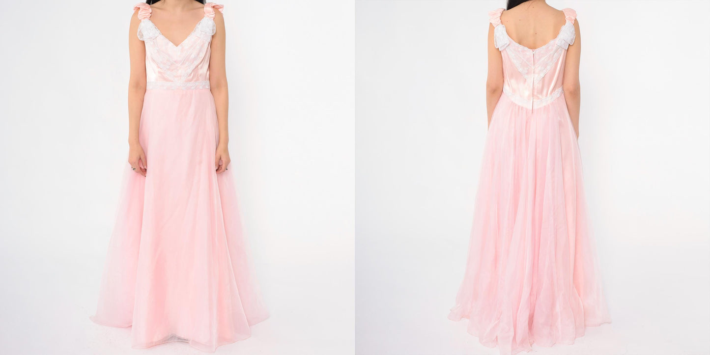 70s Priscilla of Boston Pink Chiffon Maxi Gown Ruched Bow Small