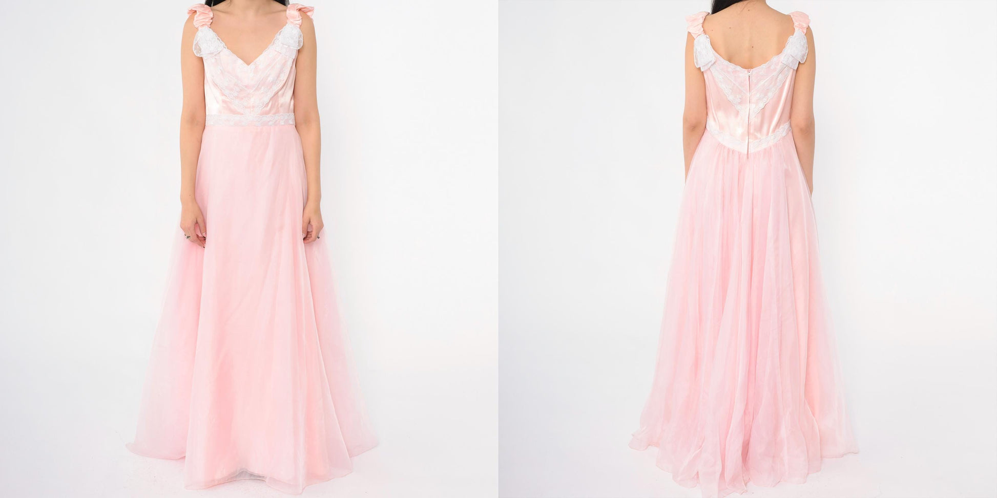 70s Priscilla of Boston Pink Chiffon Maxi Gown Ruched Bow Small