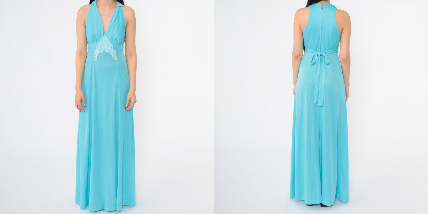 70s Blue Lace Empire Waist Maxi Dress V-Neck Sleeveless Racerback Small