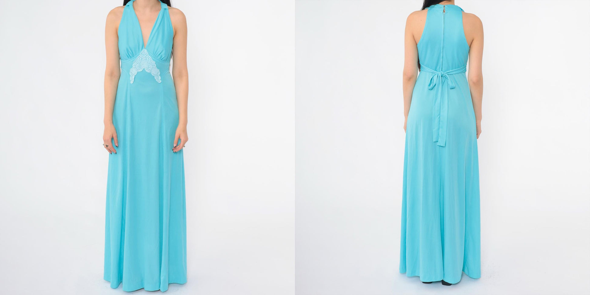 70s Blue Lace Empire Waist Maxi Dress V-Neck Sleeveless Racerback Small