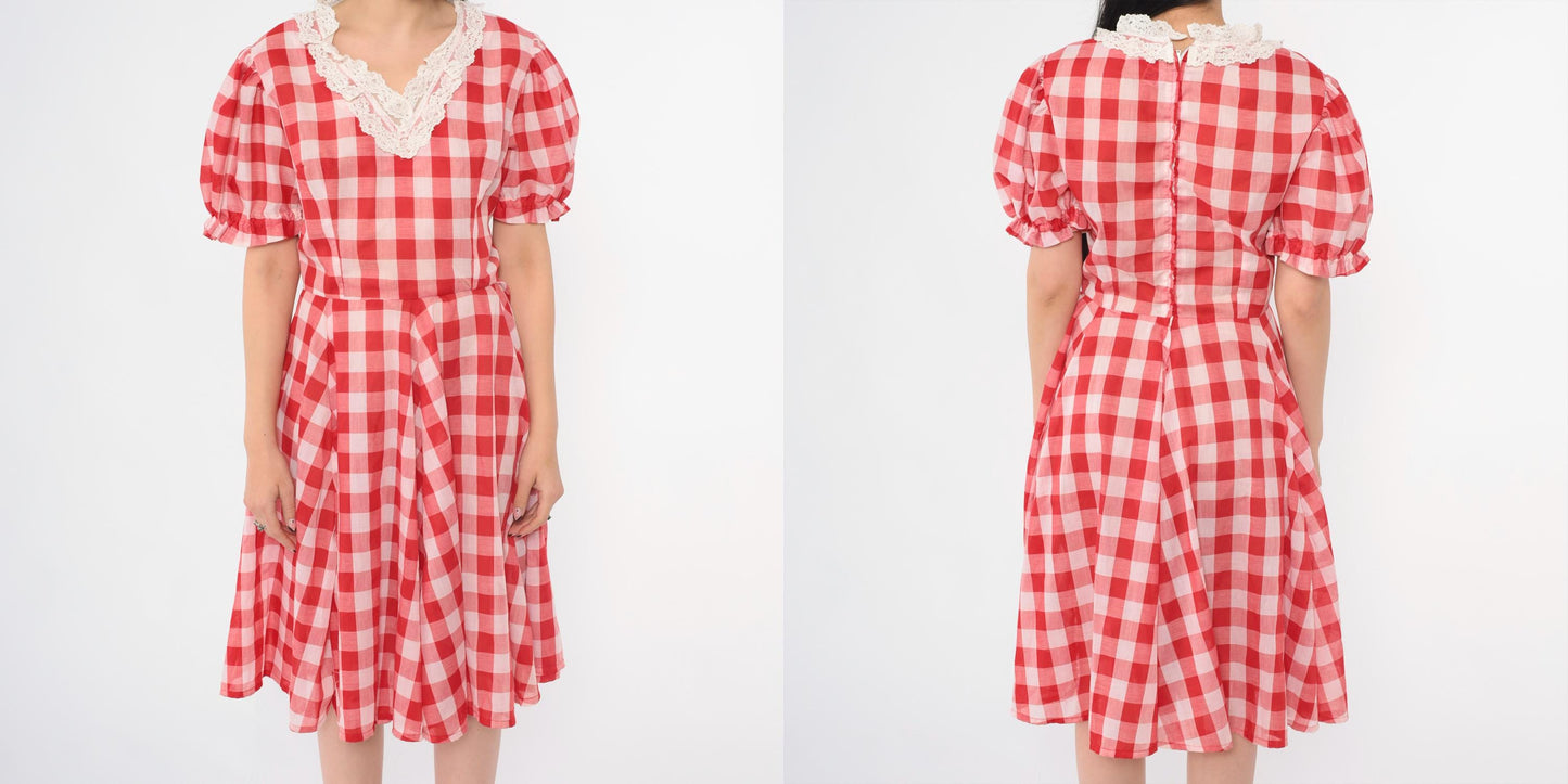 1970s Red Gingham Dress Puff Sleeve V-Neck Fit Flare Knee Length Small S