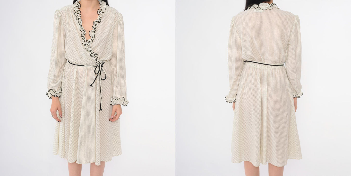70s White Polka Dot Midi Wrap Dress Puff Sleeve V Neck High Waist Medium M