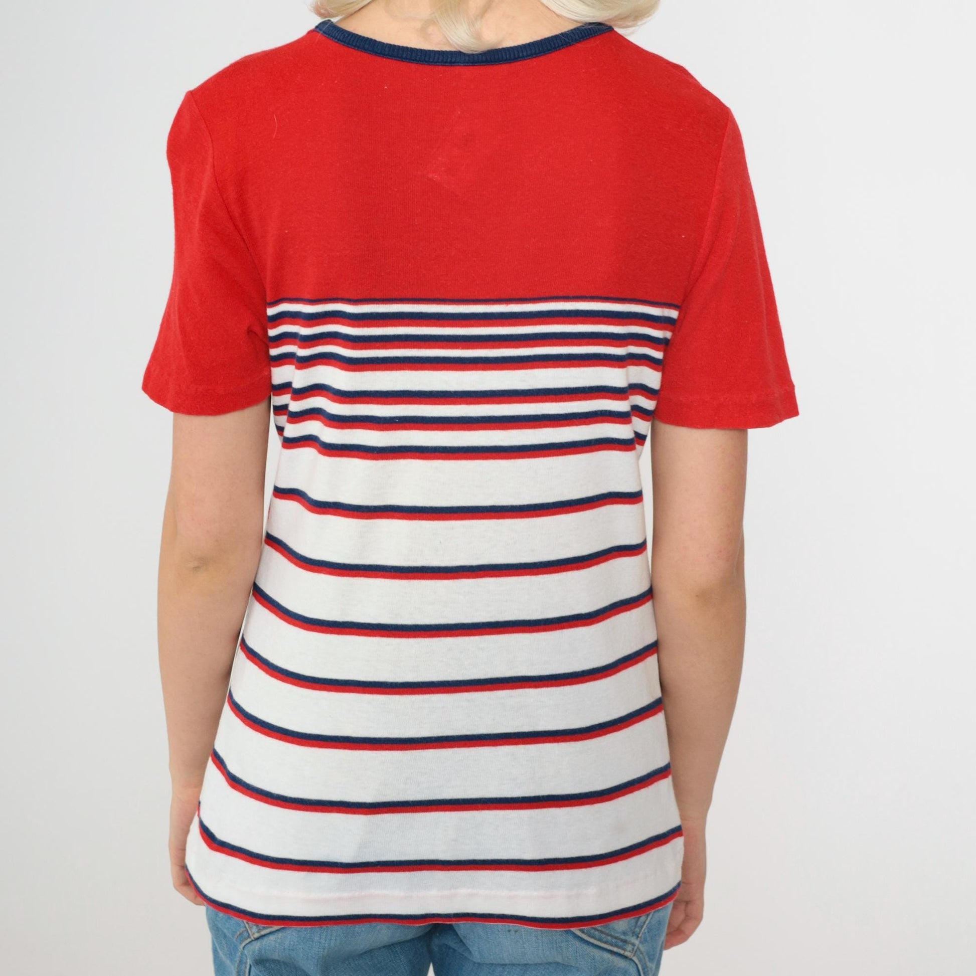 80s Aileen Striped Knit Top Red White Navy Ringer Neck Short Sleeve Medium M